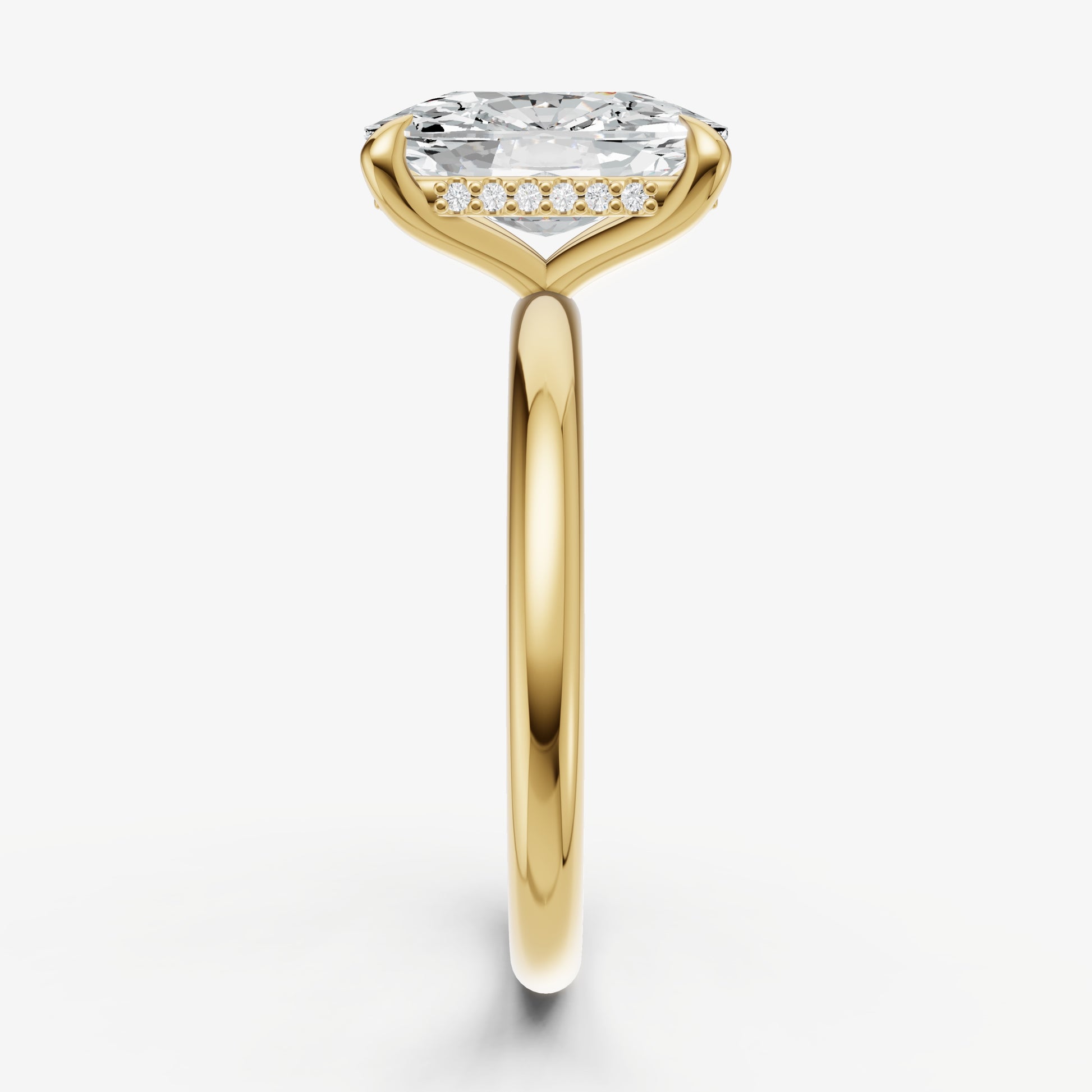 Elongated Cushion Four Claw Solitaire Engagement Ring with Hidden Halo
