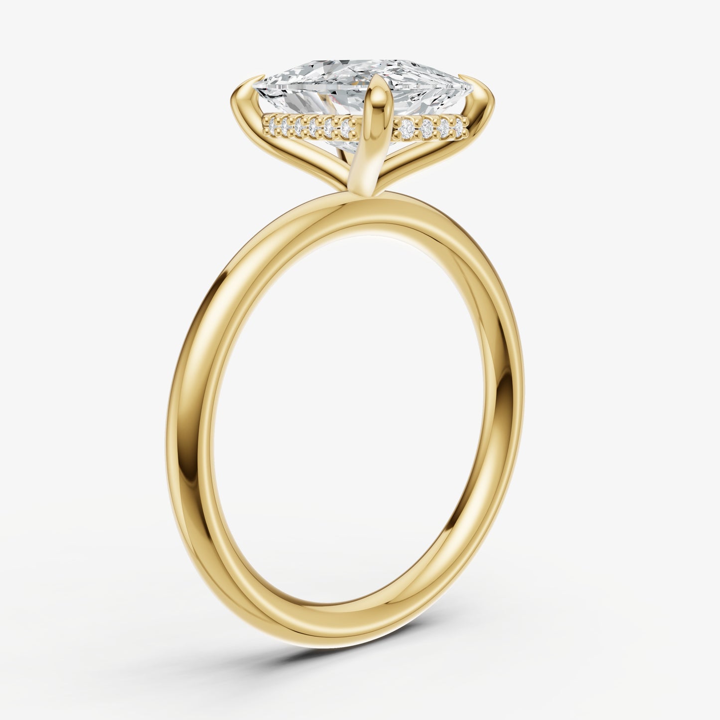 Elongated Cushion Four Claw Solitaire Engagement Ring with Hidden Halo