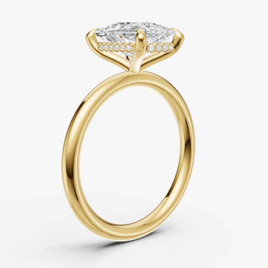 Elongated Cushion Four Claw Solitaire Engagement Ring with Hidden Halo