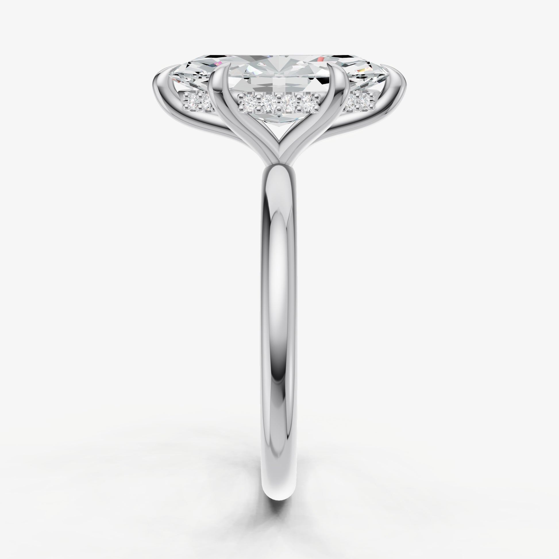 Marquise Four Claw Solitaire Engagement Ring with Hidden Halo