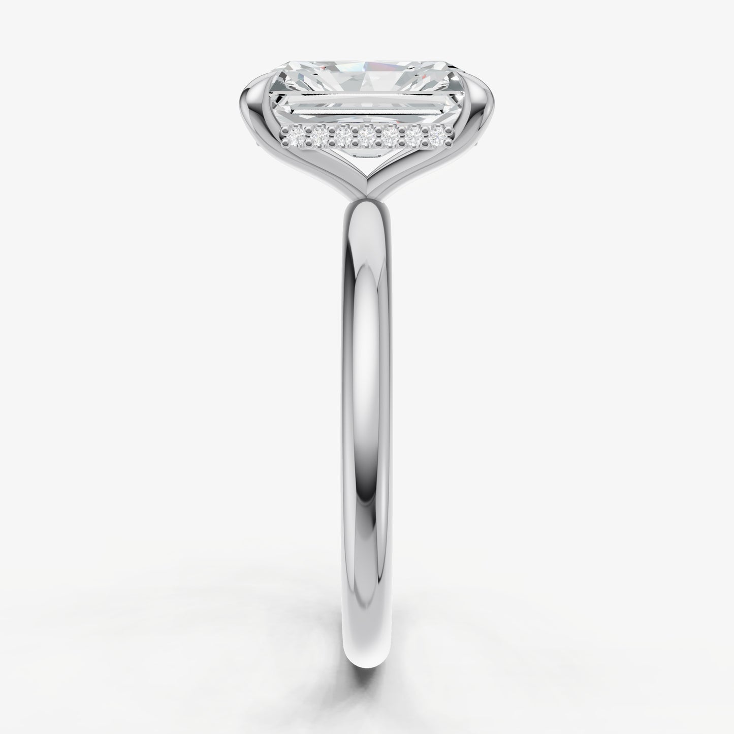 Radiant Four Claw Solitaire Engagement Ring with Hidden Halo