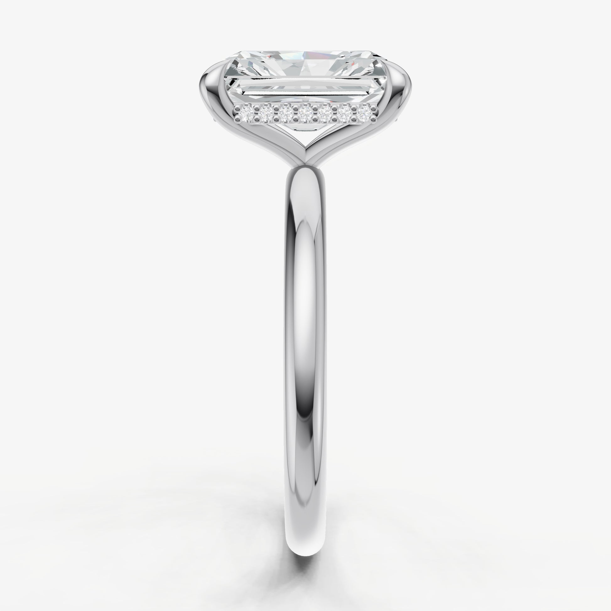 Radiant Four Claw Solitaire Engagement Ring with Hidden Halo