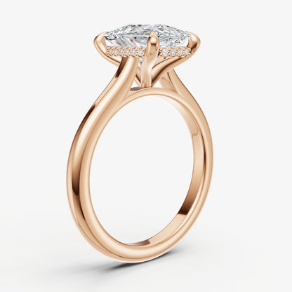 Elongated Cushion Cathedral Set Solitaire Engagement Ring with Hidden Halo