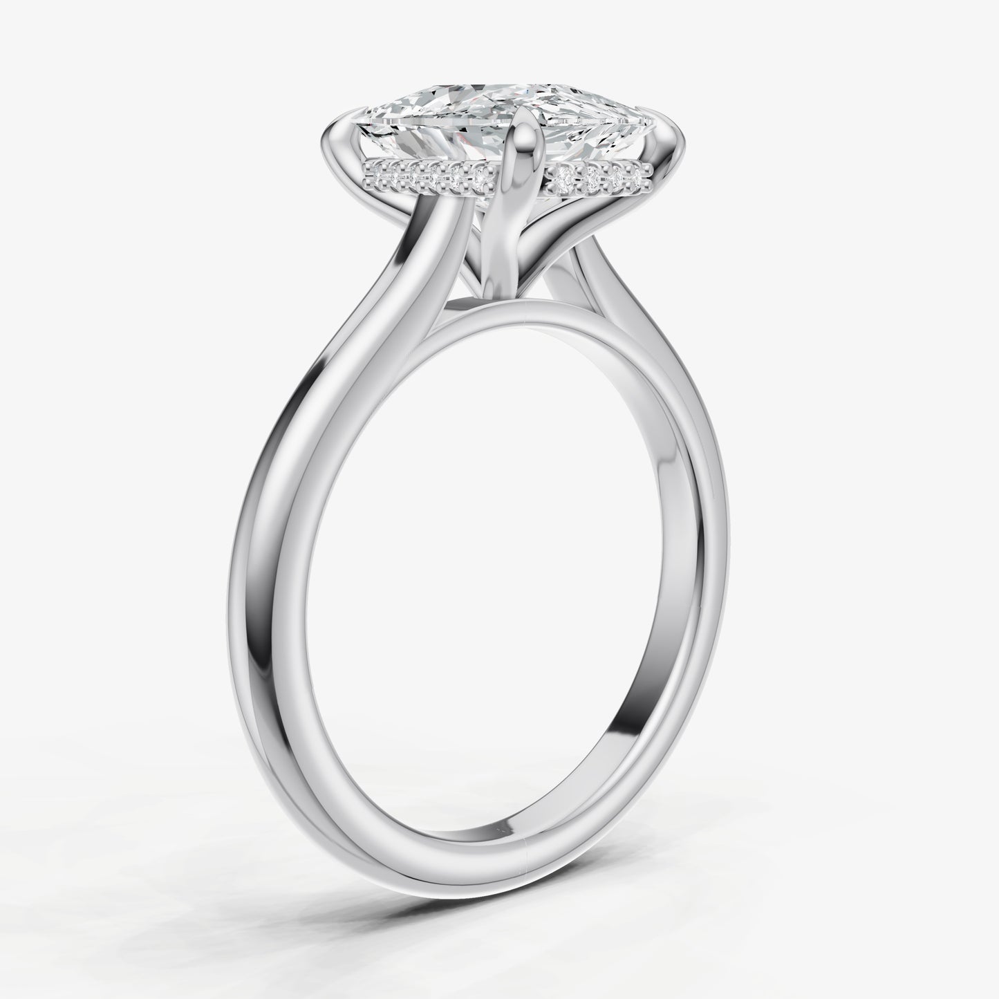Elongated Cushion Cathedral Set Solitaire Engagement Ring with Hidden Halo