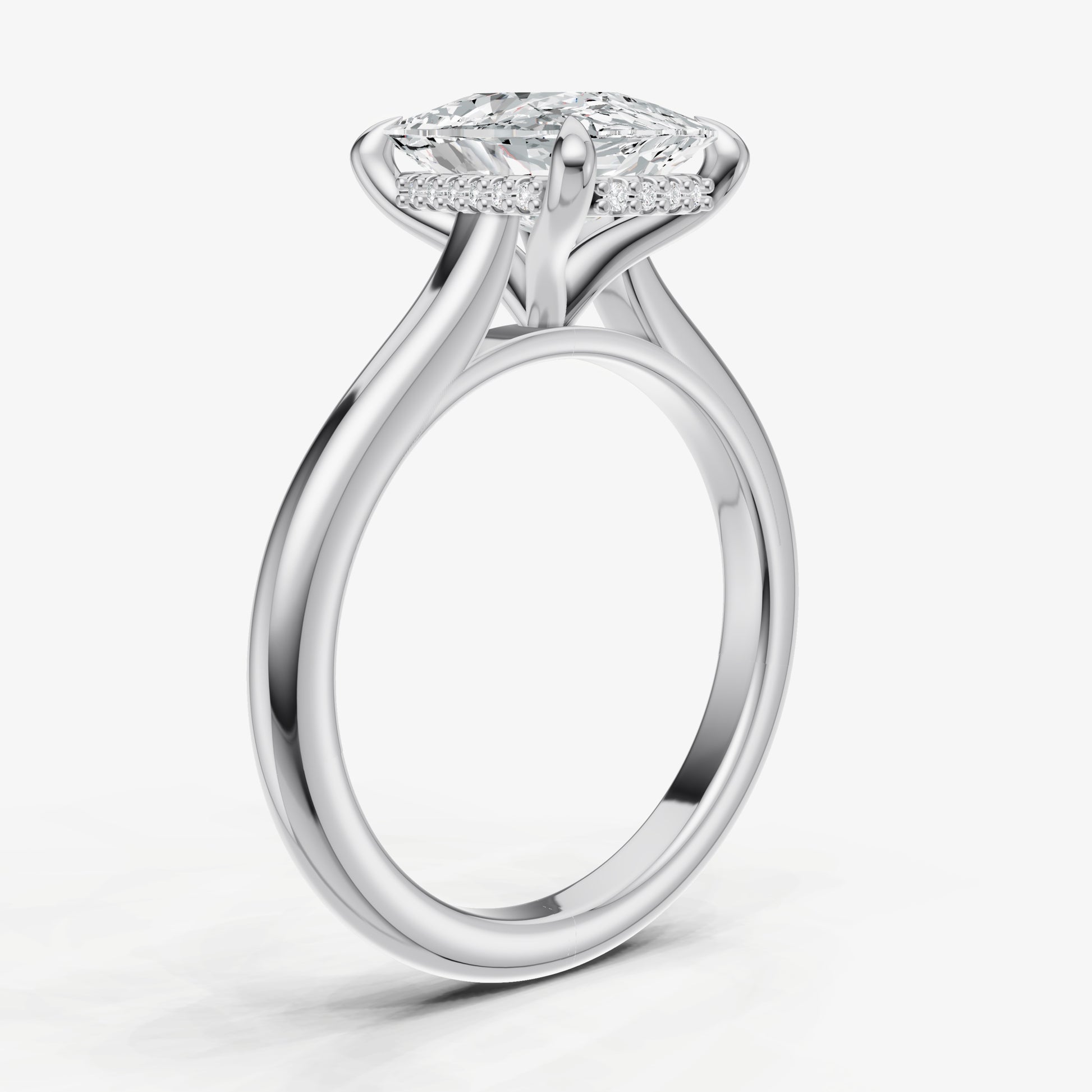 Elongated Cushion Cathedral Set Solitaire Engagement Ring with Hidden Halo