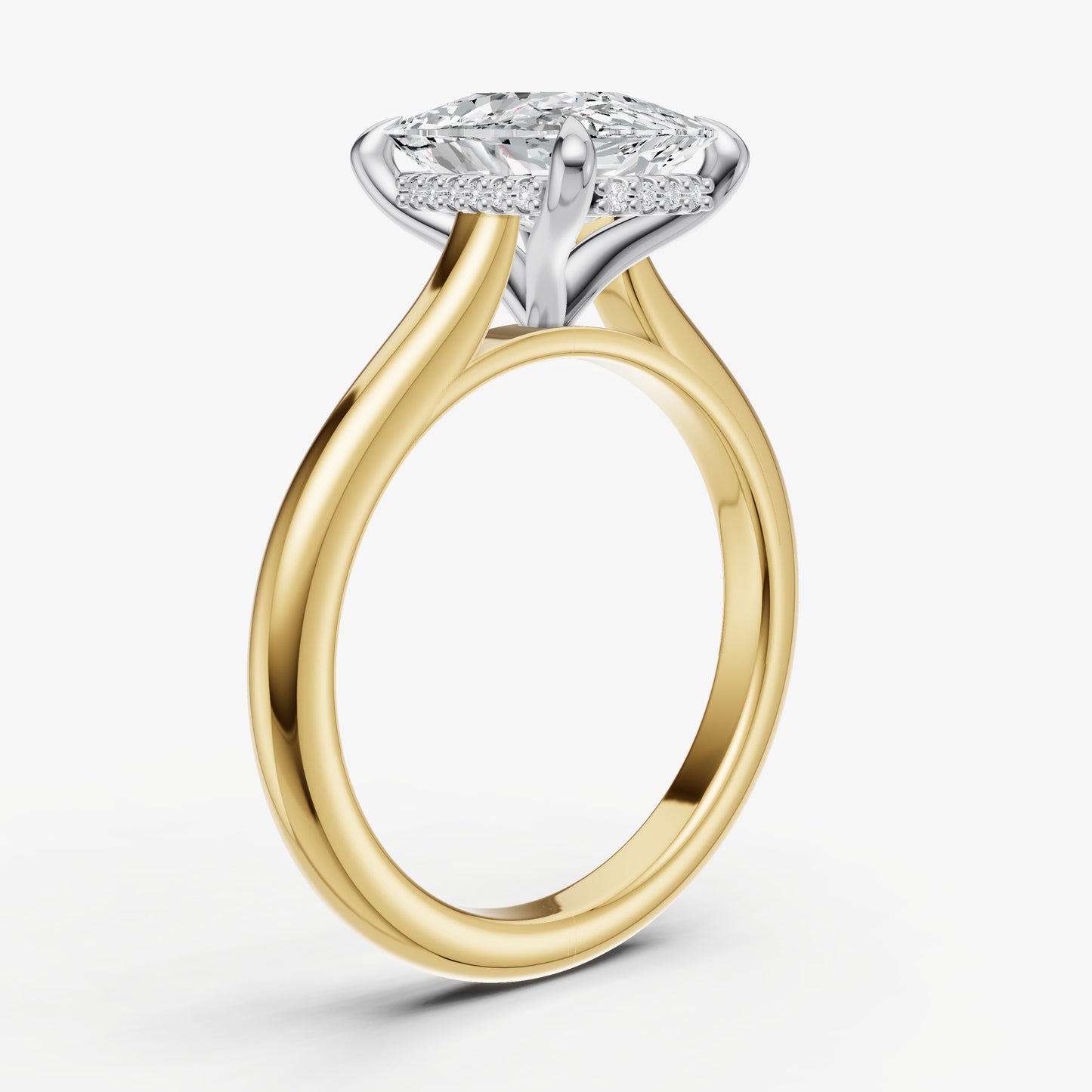 Elongated Cushion Cathedral Set Solitaire Engagement Ring with Hidden Halo