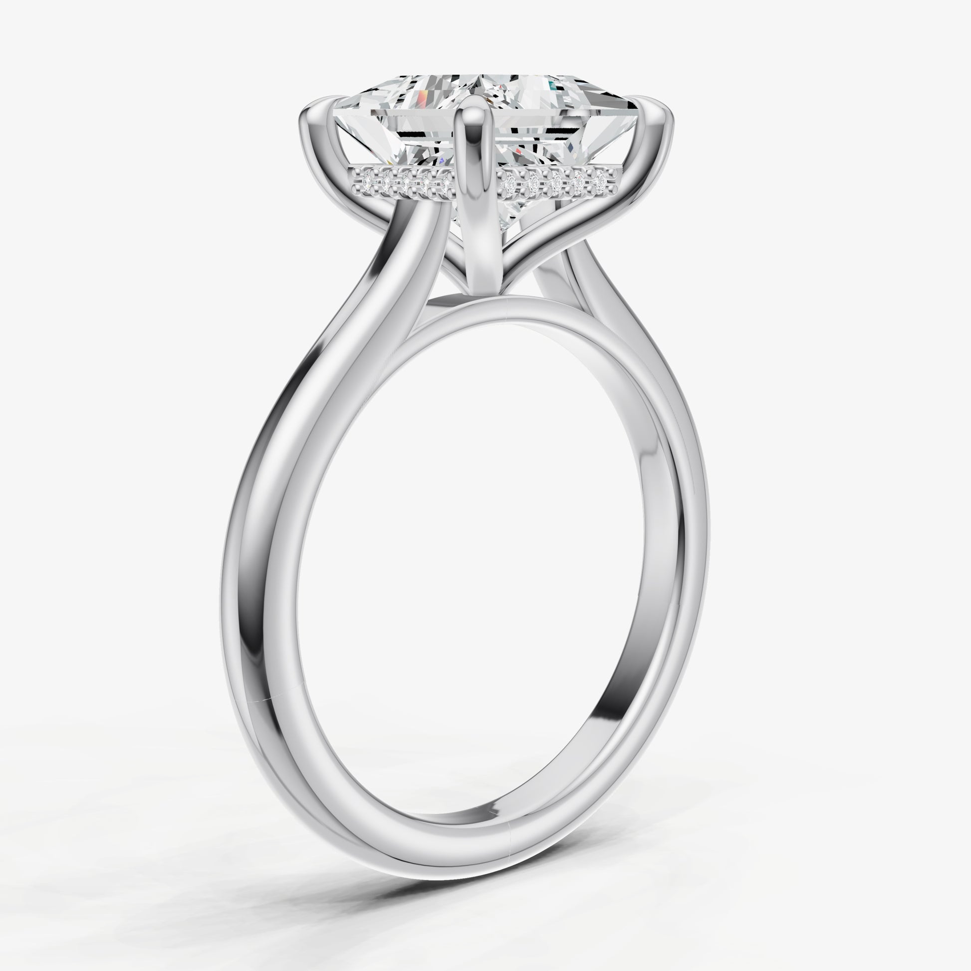 Princess Cathedral Set Solitaire Engagement Ring with Hidden Halo
