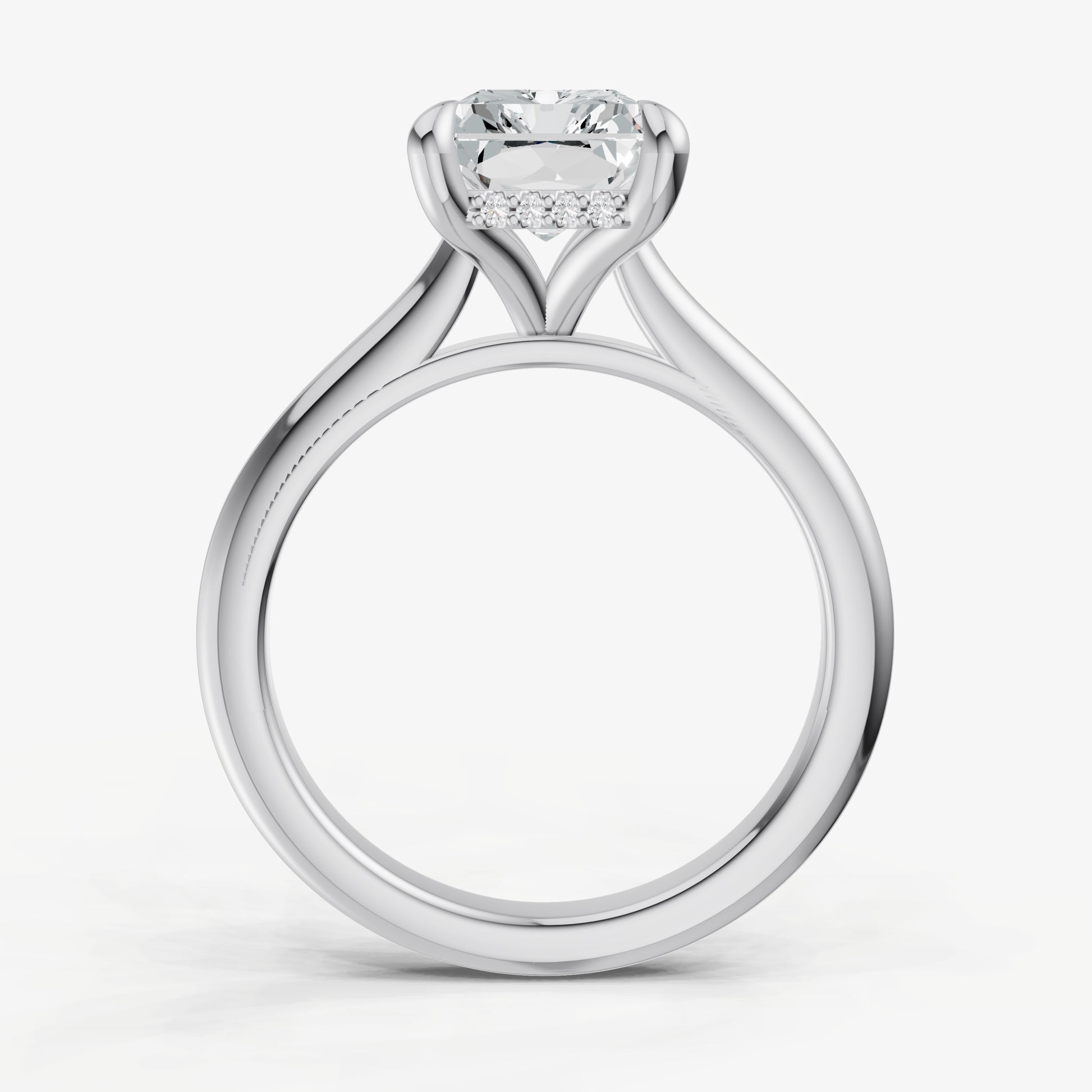 Radiant Cathedral Set Solitaire Engagement Ring with Hidden Halo