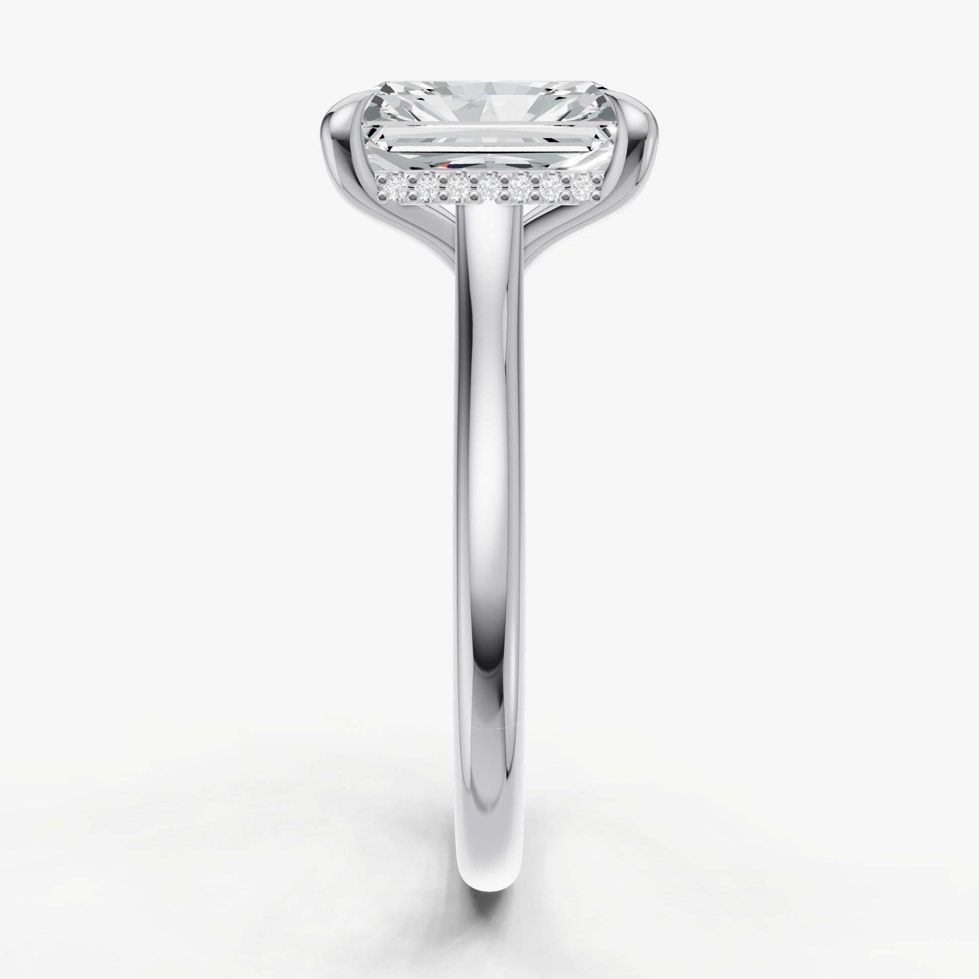 Radiant Cathedral Set Solitaire Engagement Ring with Hidden Halo