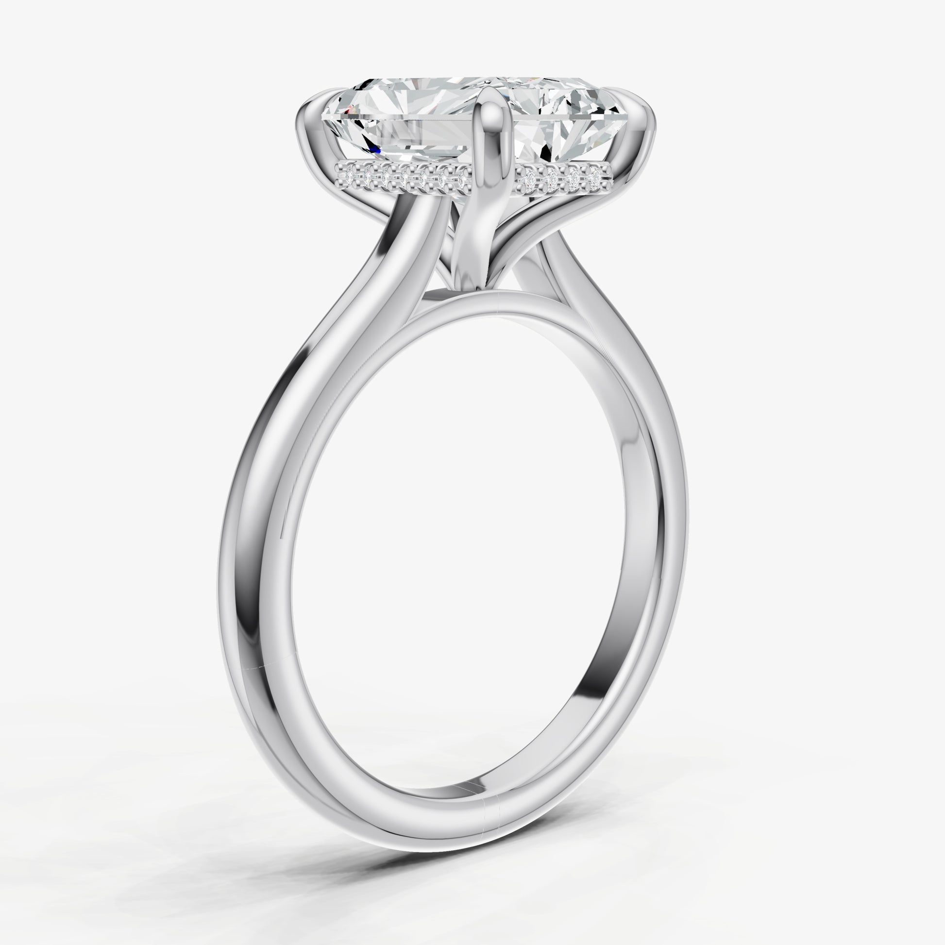 Radiant Cathedral Set Solitaire Engagement Ring with Hidden Halo