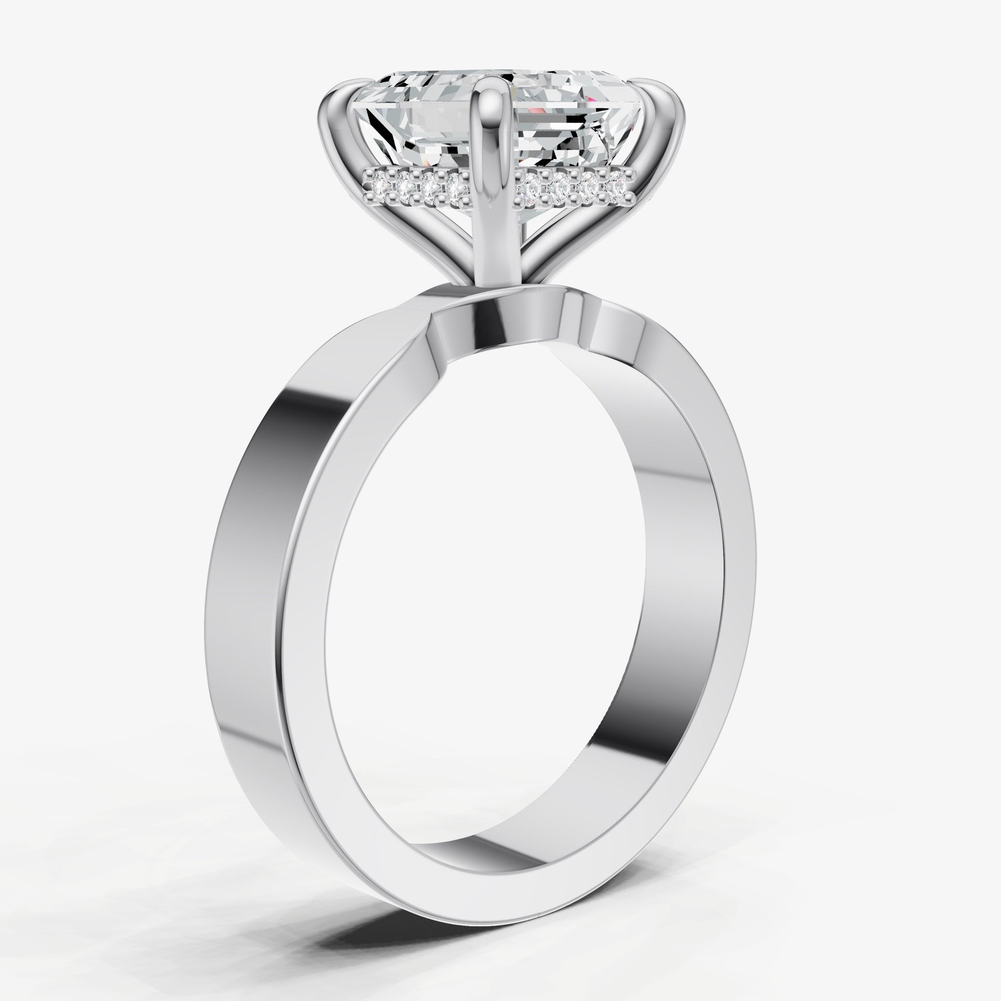 Asscher Flat Profile Solitaire Engagement Ring with Hidden Halo