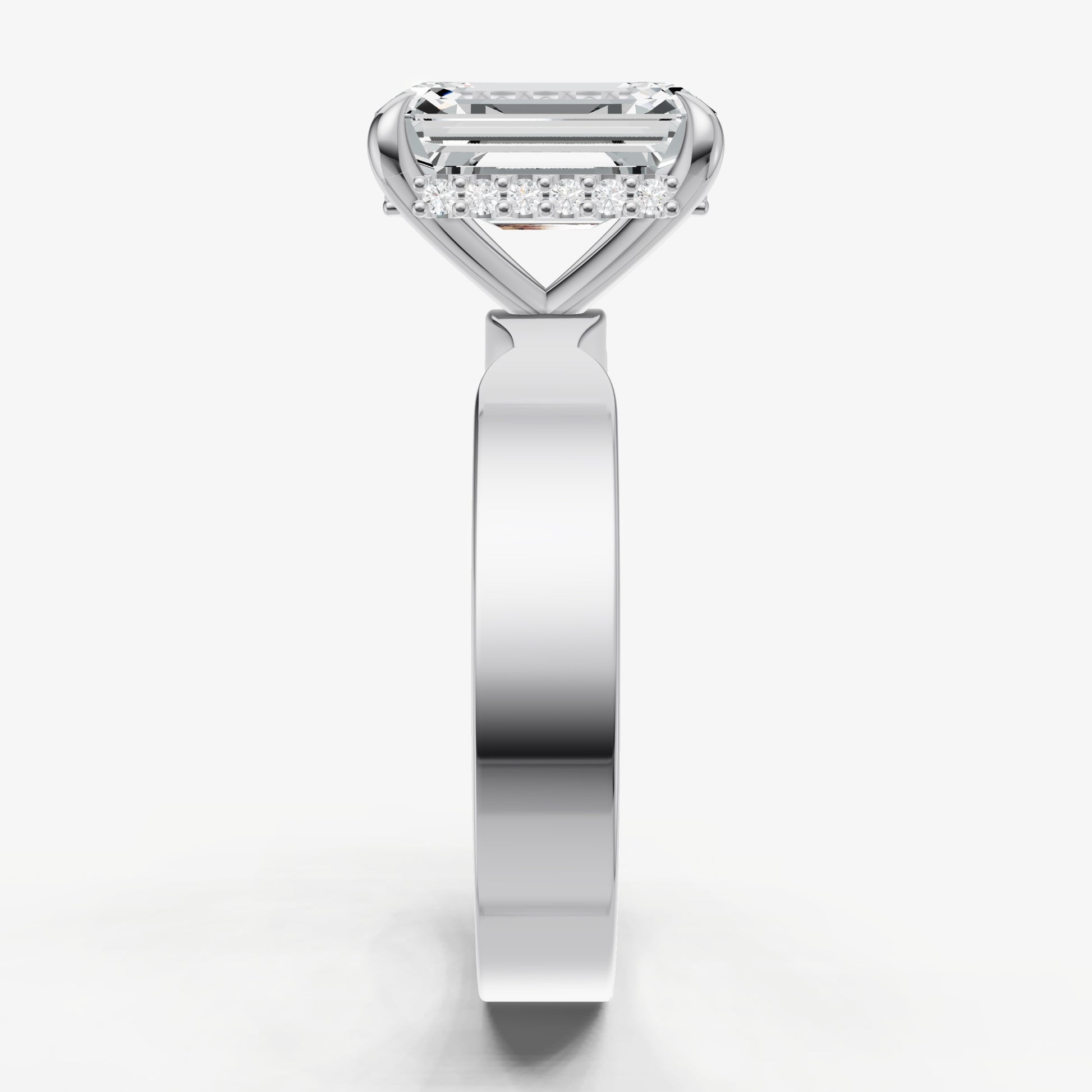 Emerald Flat Profile Solitaire Engagement Ring with Hidden Halo
