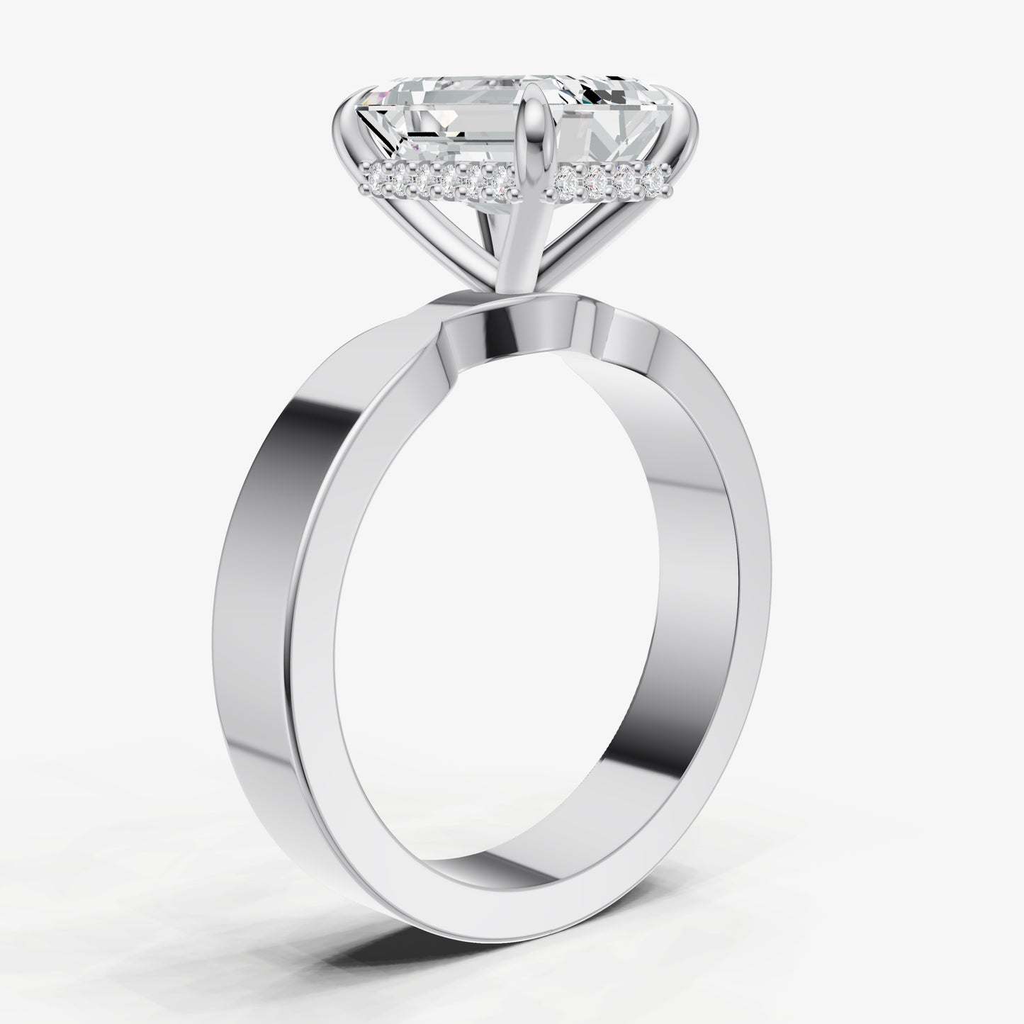 Emerald Flat Profile Solitaire Engagement Ring with Hidden Halo