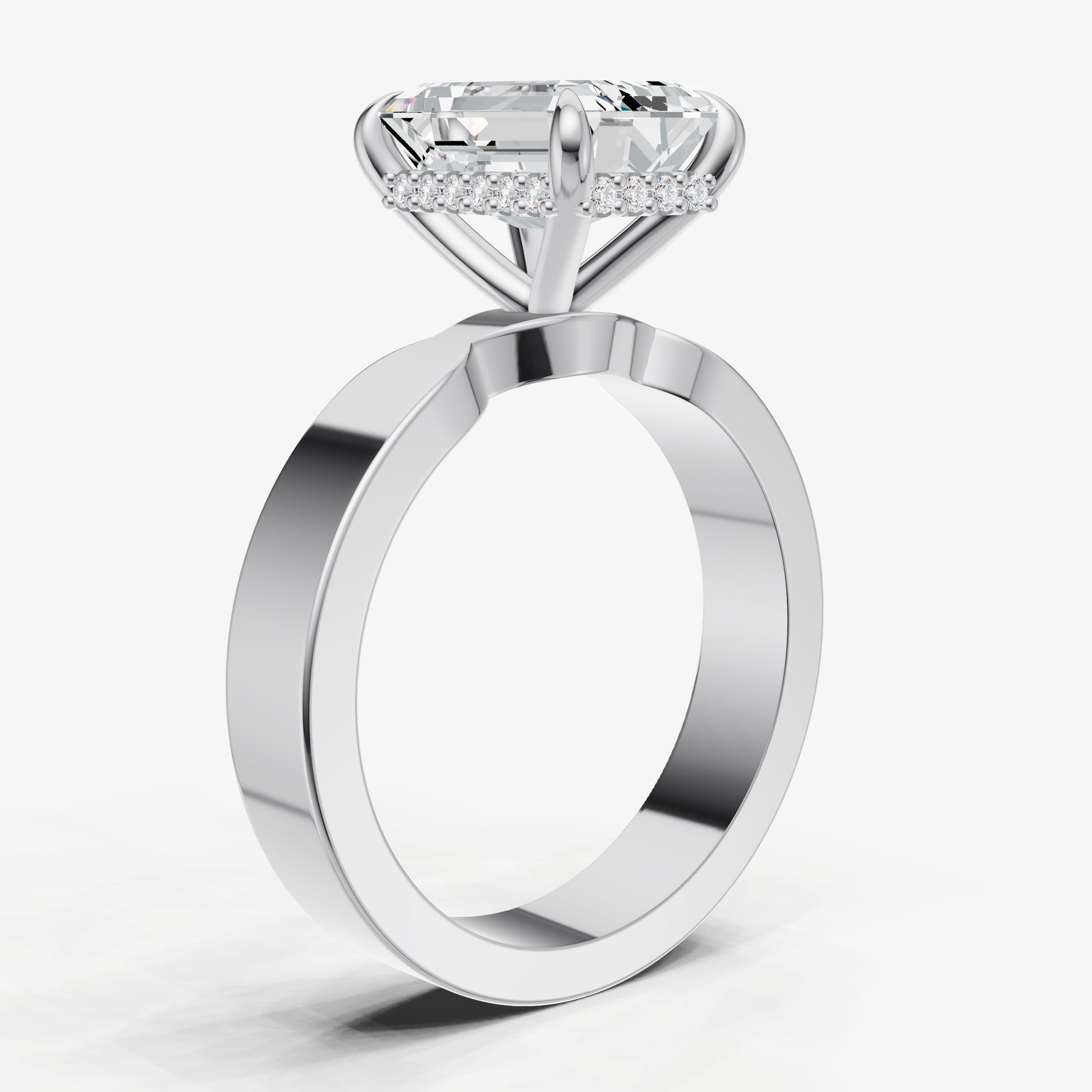 Emerald Flat Profile Solitaire Engagement Ring with Hidden Halo