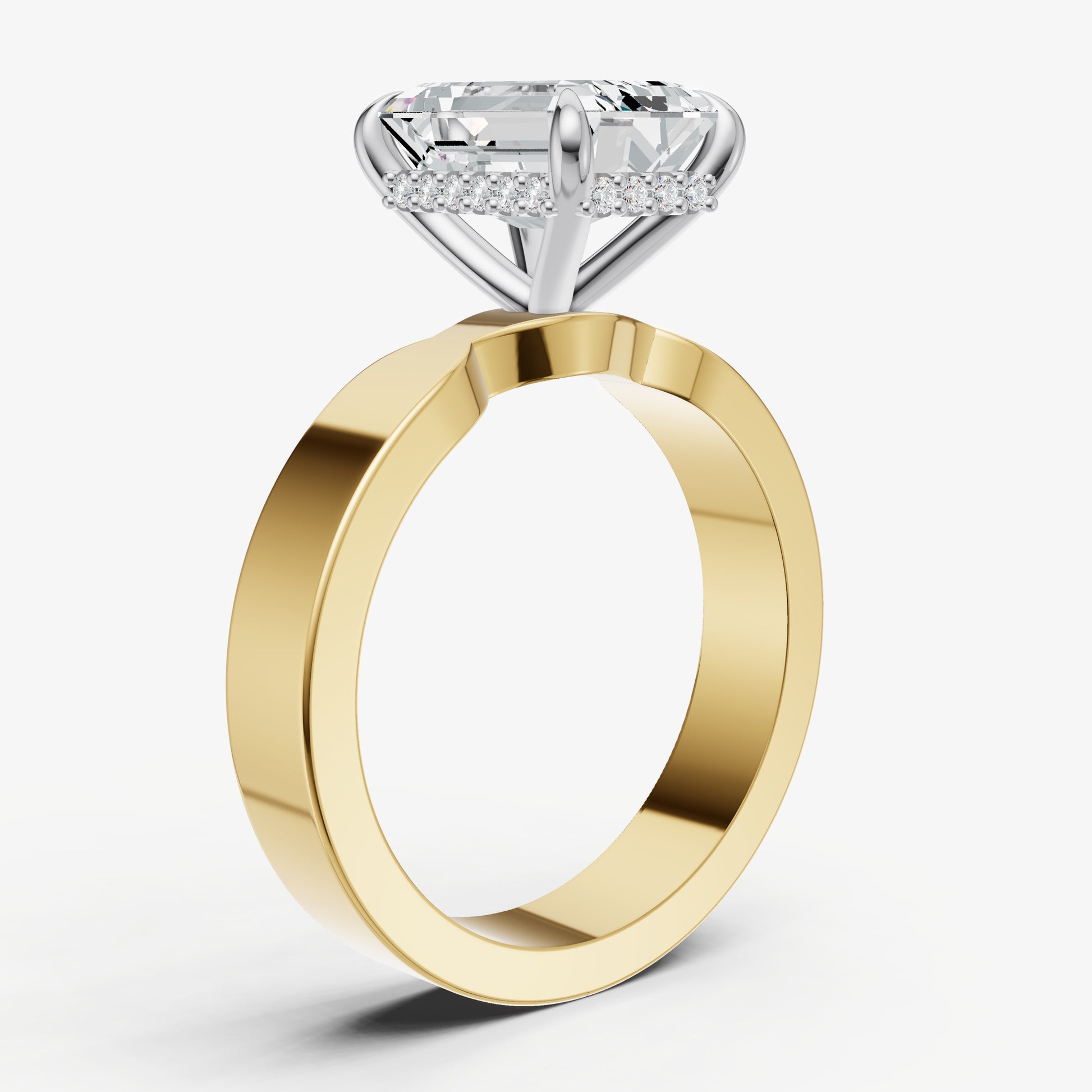 Emerald Flat Profile Solitaire Engagement Ring with Hidden Halo