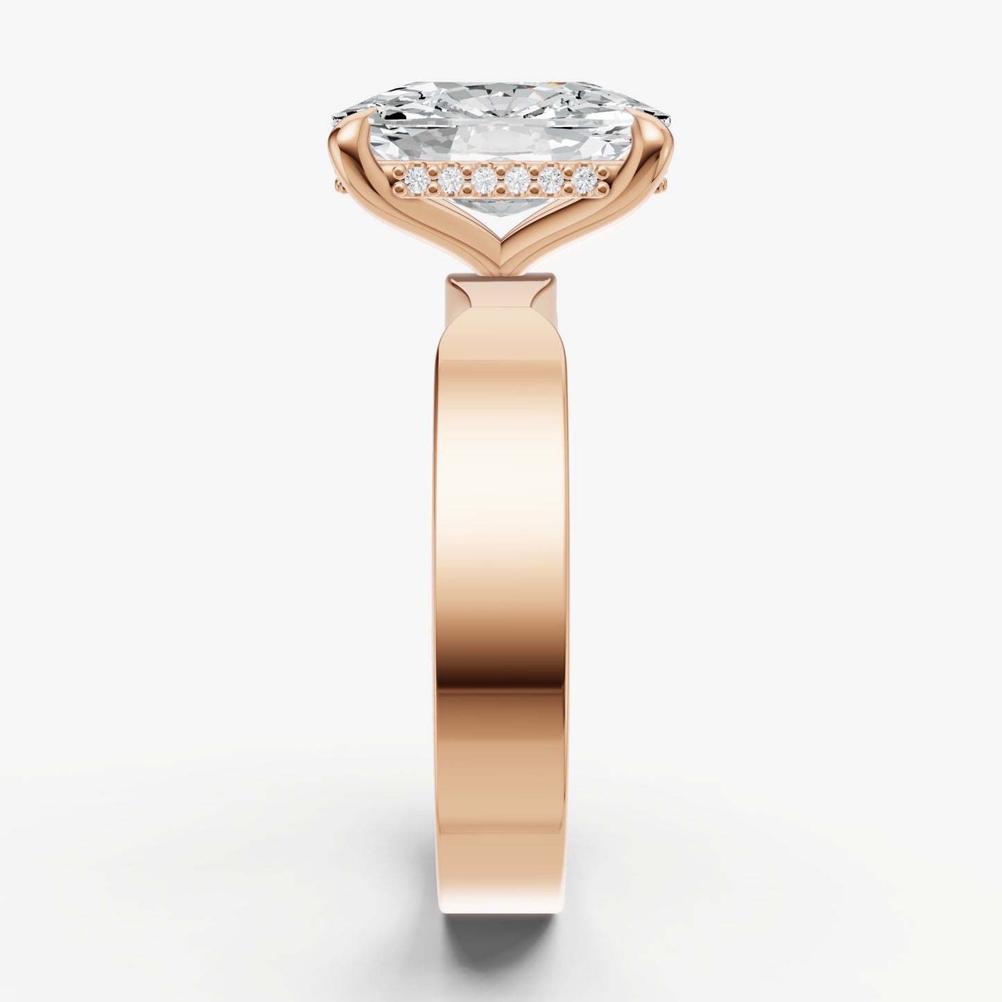 Elongated Cushion Flat Profile Solitaire Engagement Ring with Hidden Halo