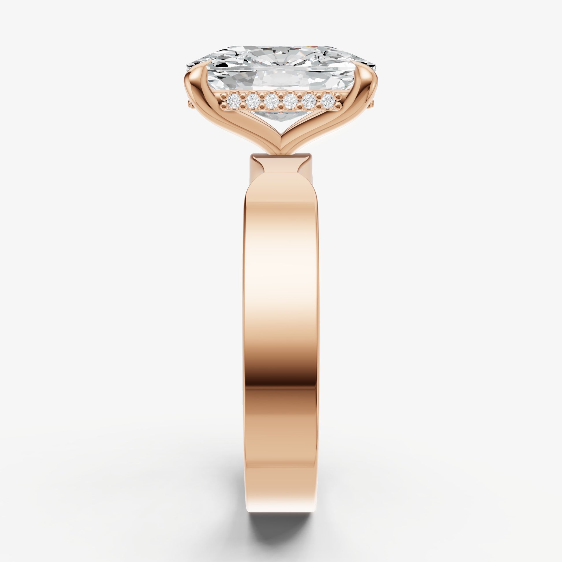 Elongated Cushion Flat Profile Solitaire Engagement Ring with Hidden Halo