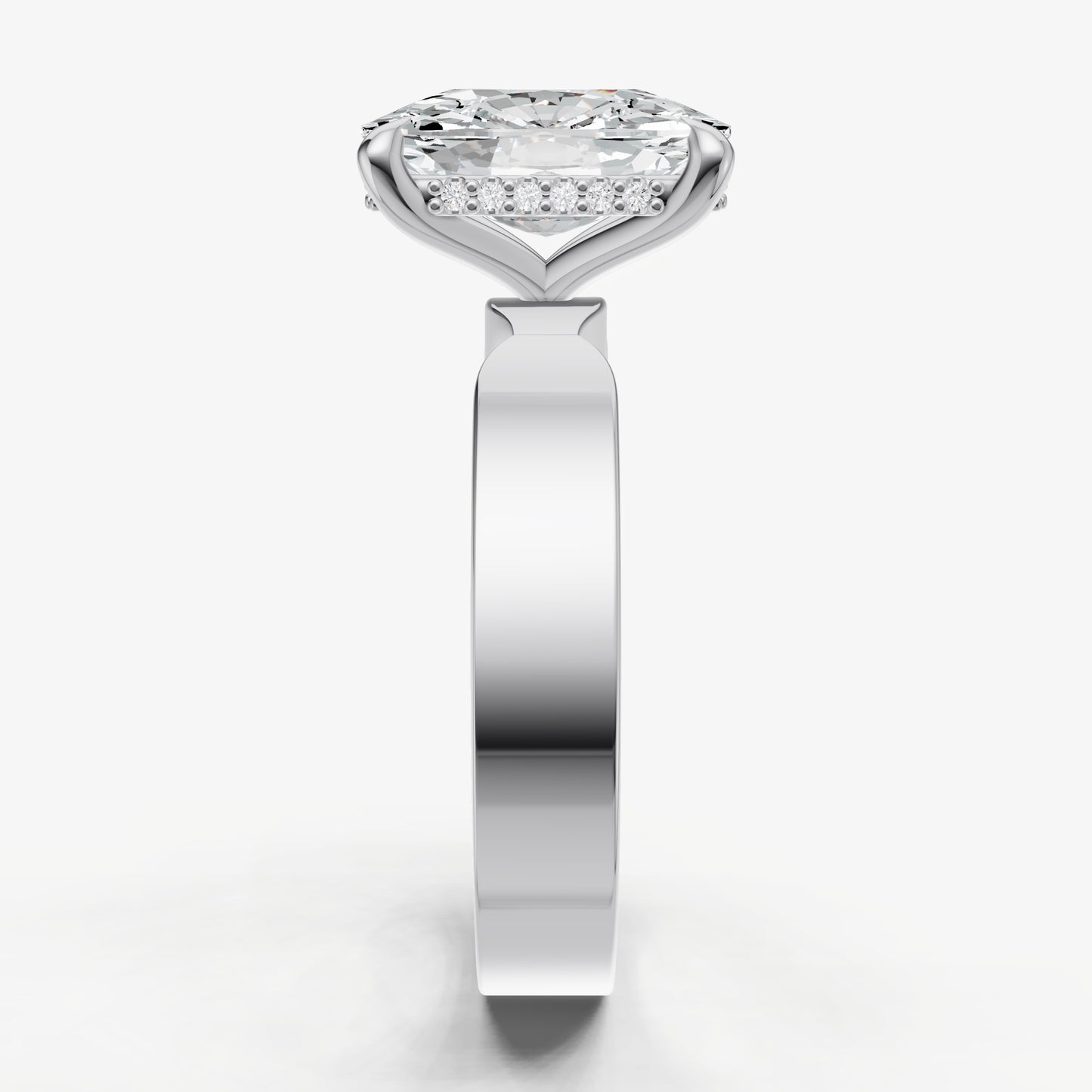 Elongated Cushion Flat Profile Solitaire Engagement Ring with Hidden Halo