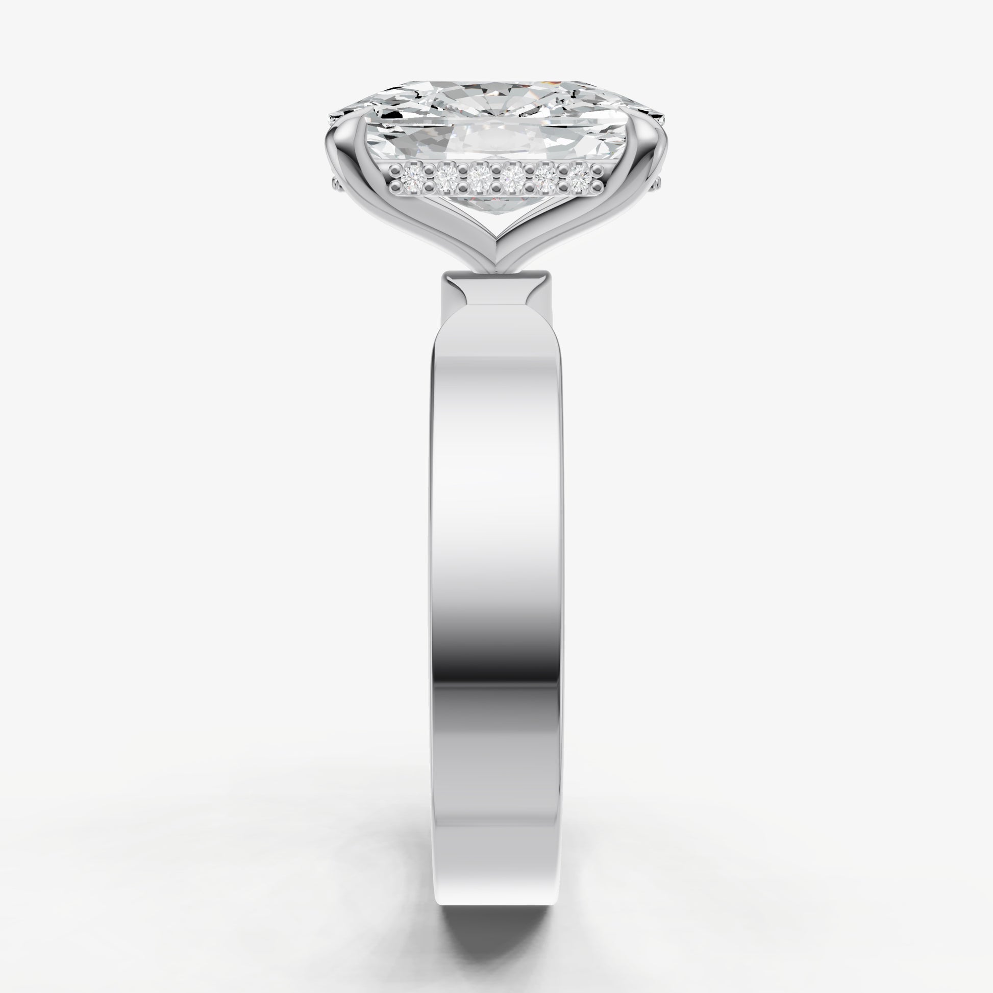 Elongated Cushion Flat Profile Solitaire Engagement Ring with Hidden Halo