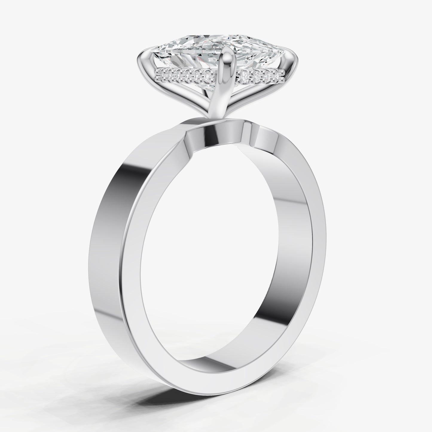 Elongated Cushion Flat Profile Solitaire Engagement Ring with Hidden Halo