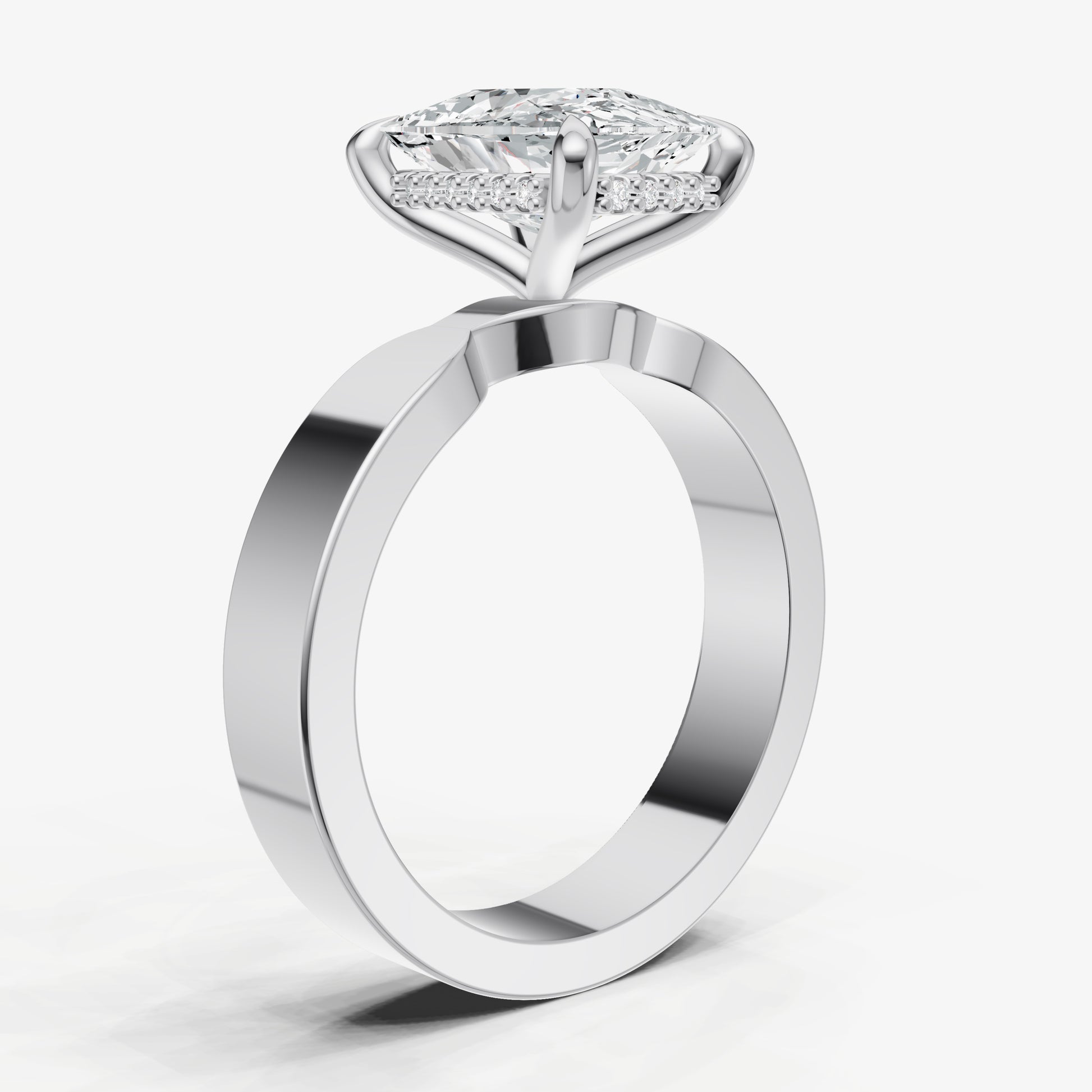Elongated Cushion Flat Profile Solitaire Engagement Ring with Hidden Halo