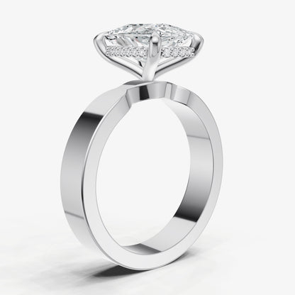 Elongated Cushion Flat Profile Solitaire Engagement Ring with Hidden Halo