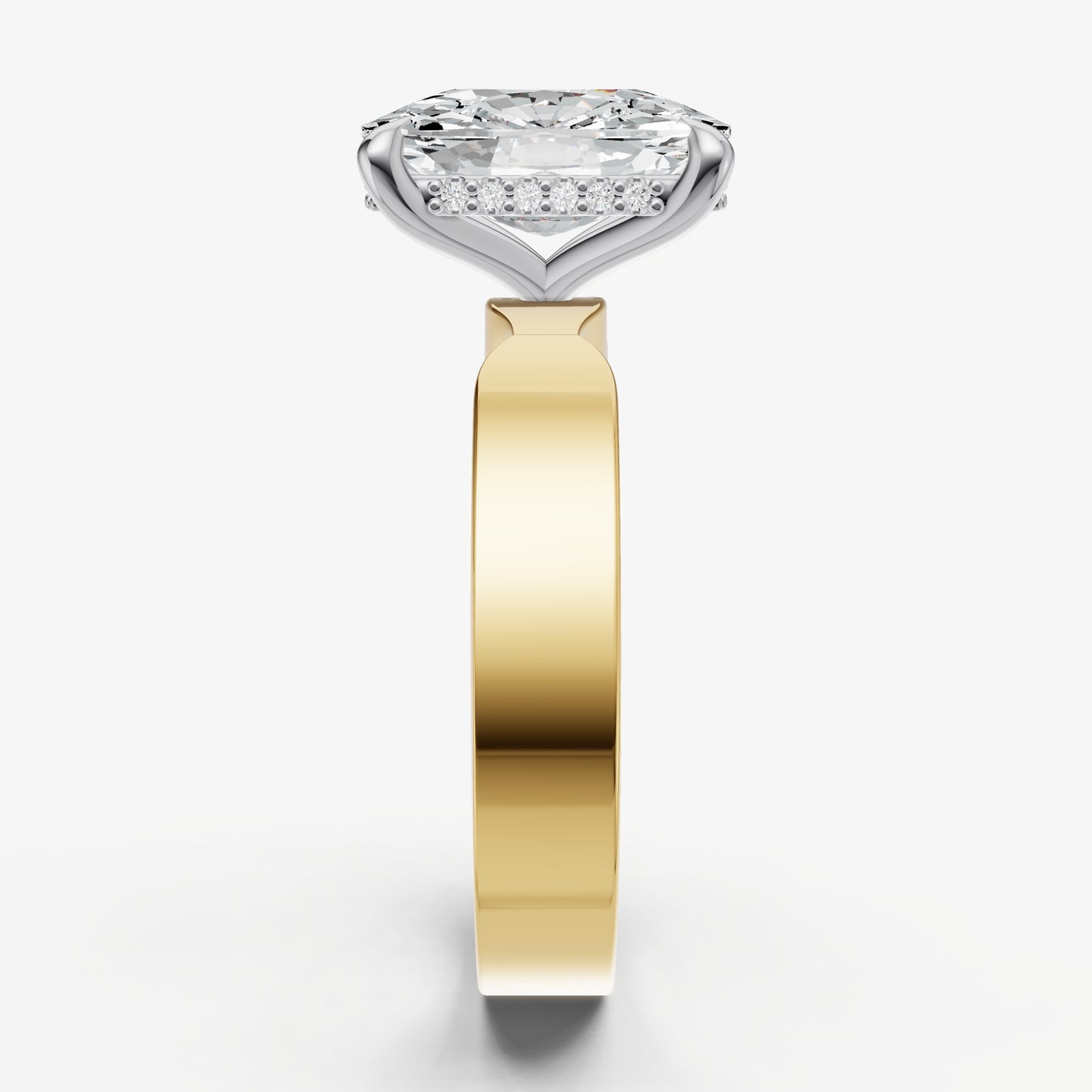 Elongated Cushion Flat Profile Solitaire Engagement Ring with Hidden Halo