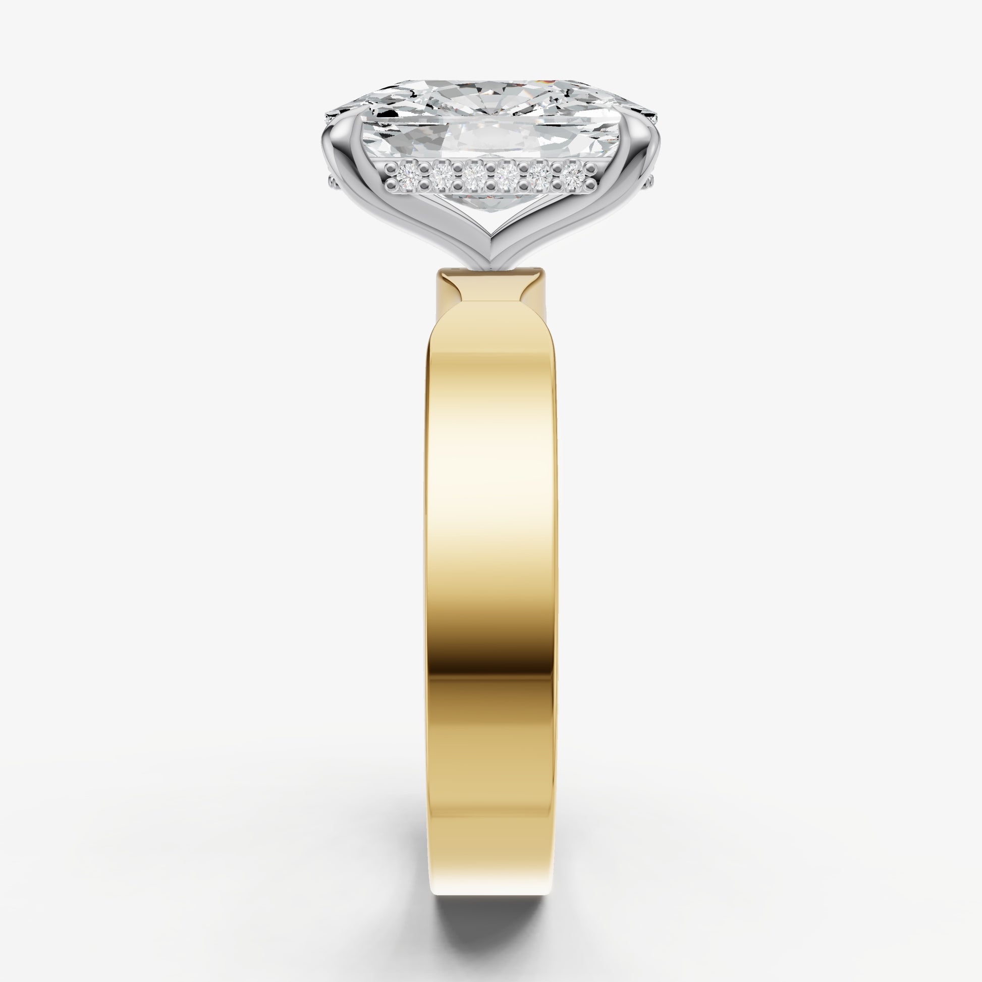 Elongated Cushion Flat Profile Solitaire Engagement Ring with Hidden Halo