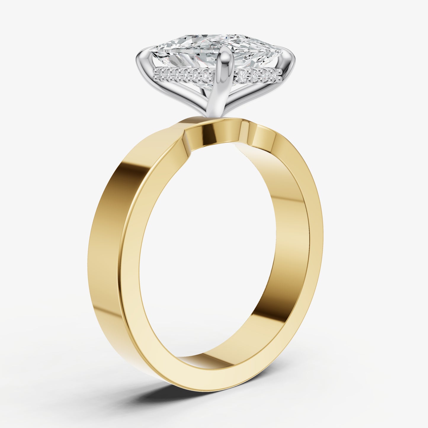 Elongated Cushion Flat Profile Solitaire Engagement Ring with Hidden Halo