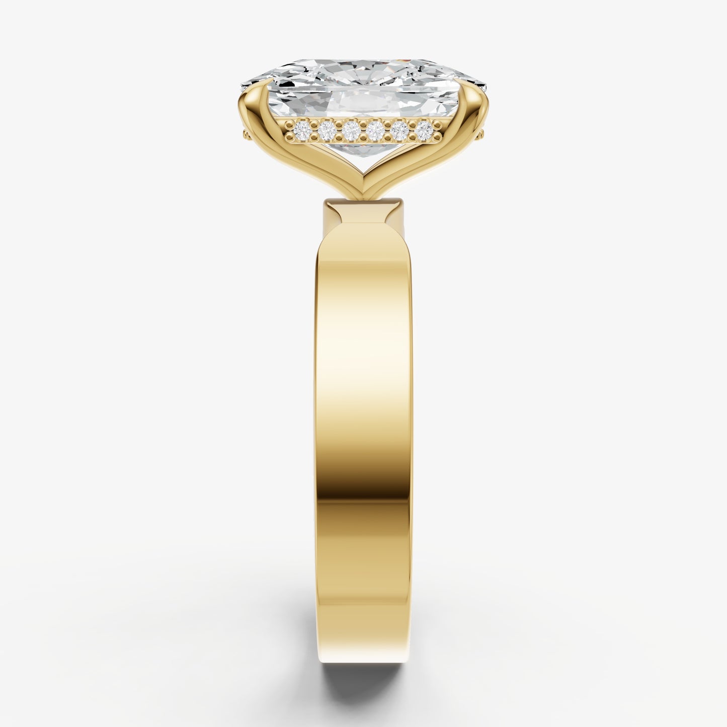Elongated Cushion Flat Profile Solitaire Engagement Ring with Hidden Halo
