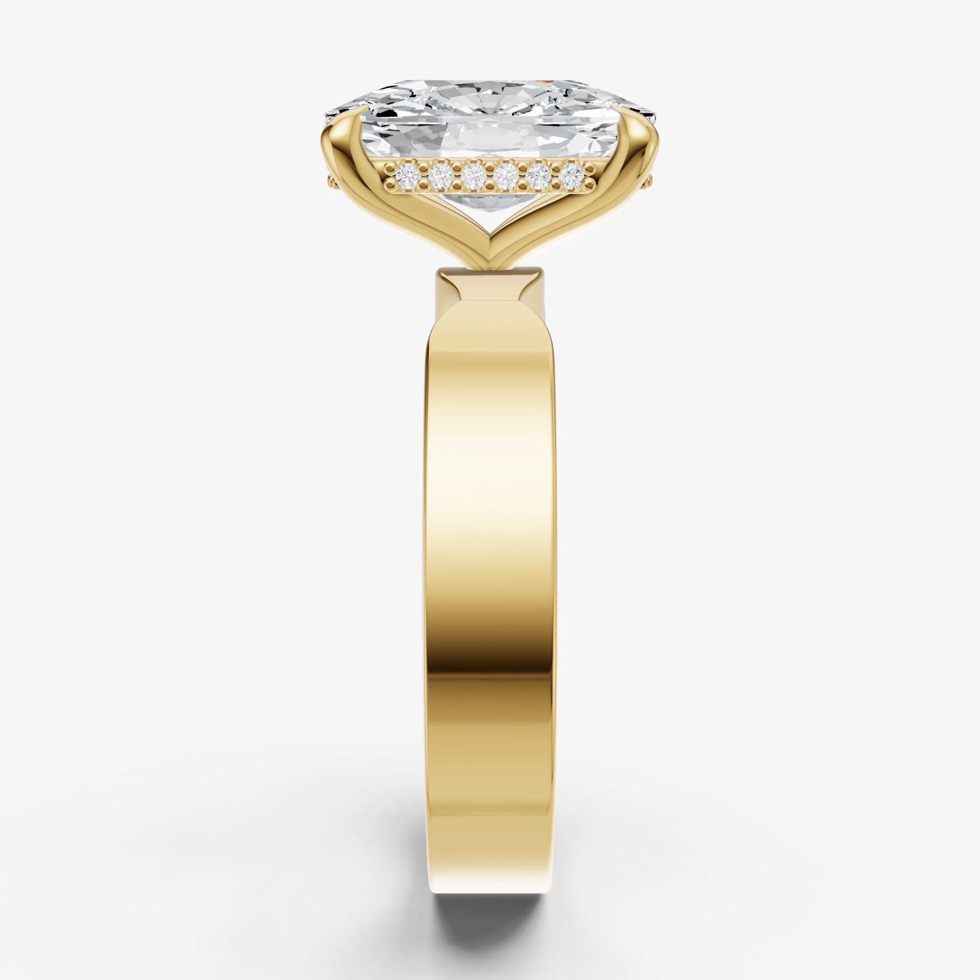 Elongated Cushion Flat Profile Solitaire Engagement Ring with Hidden Halo