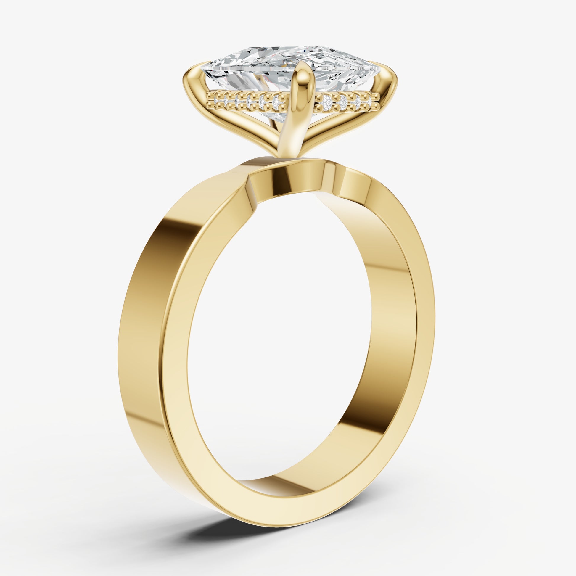Elongated Cushion Flat Profile Solitaire Engagement Ring with Hidden Halo