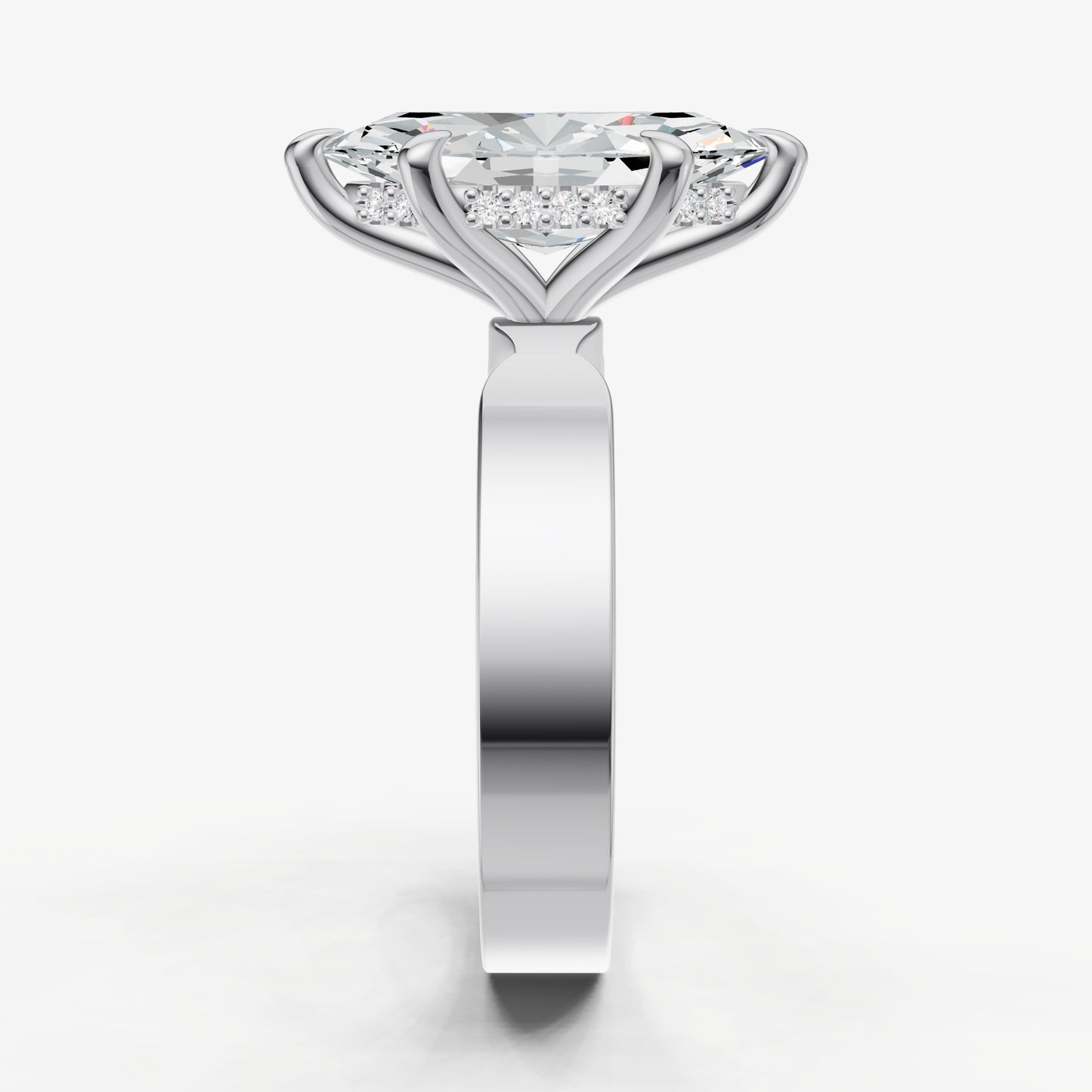 Marquise Flat Profile Solitaire Engagement Ring with Hidden Halo