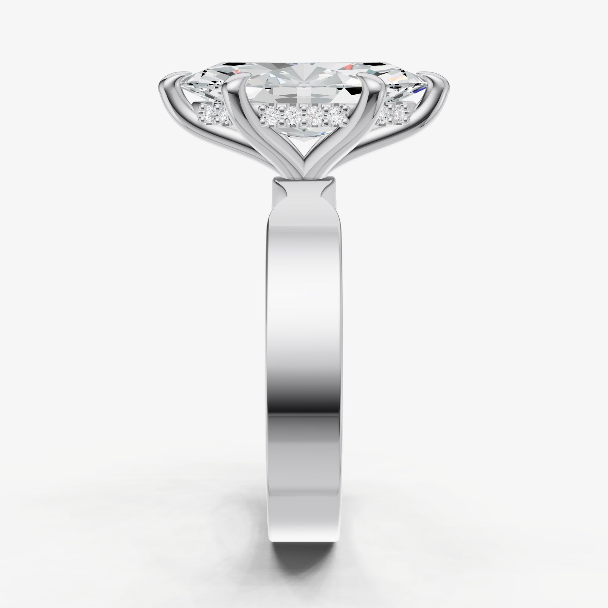 Marquise Flat Profile Solitaire Engagement Ring with Hidden Halo