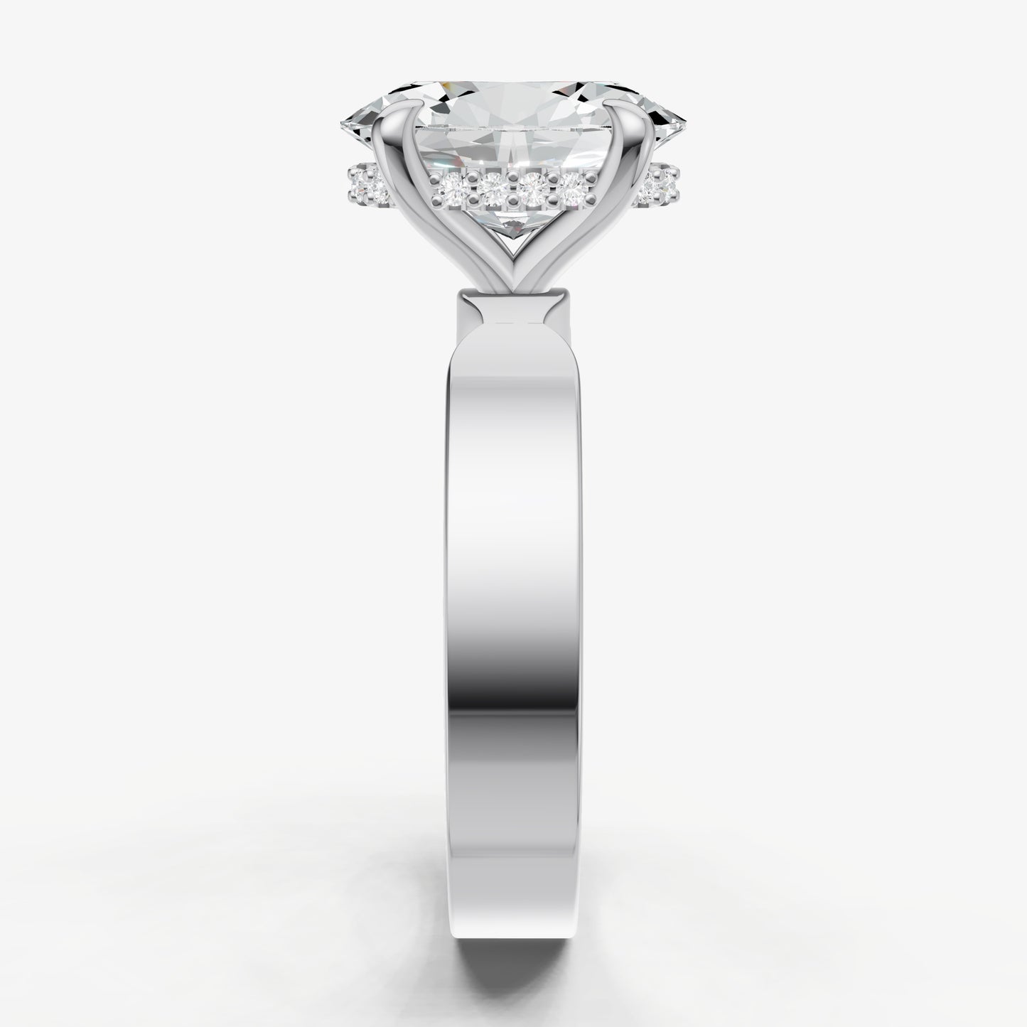 Oval Flat Profile Solitaire Engagement Ring with Hidden Halo