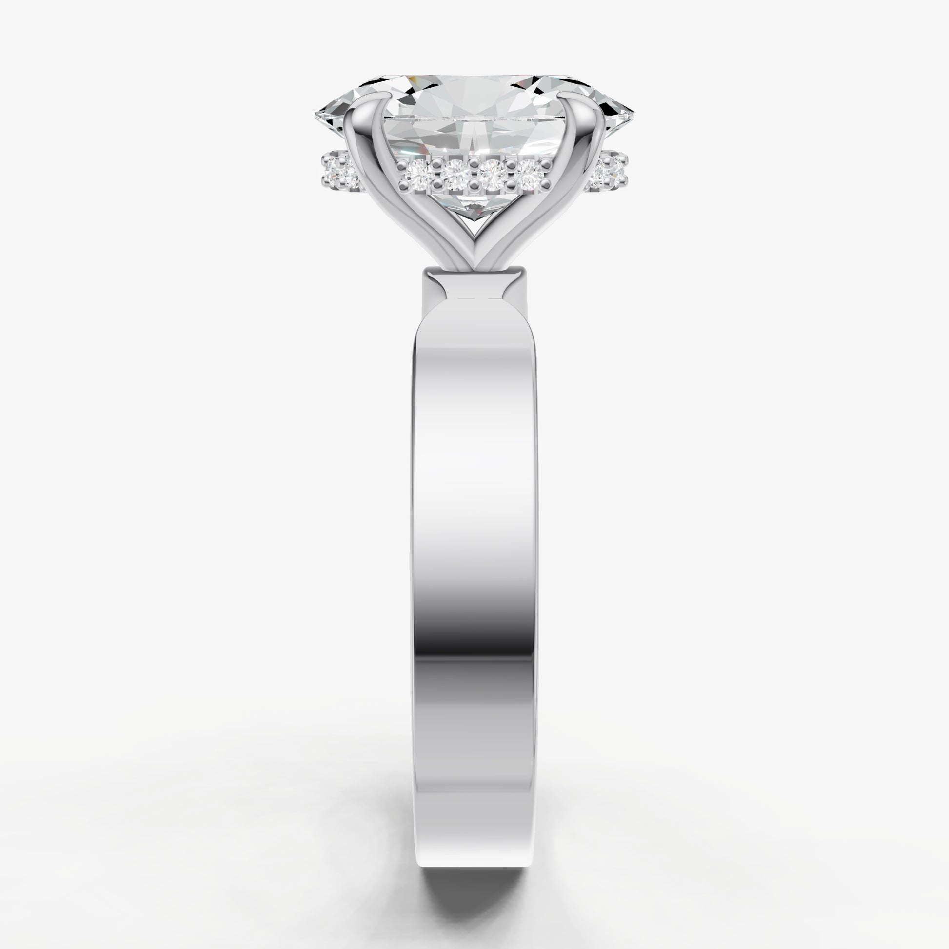 Oval Flat Profile Solitaire Engagement Ring with Hidden Halo