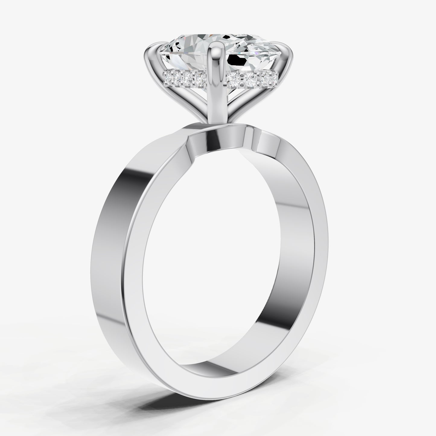 Oval Flat Profile Solitaire Engagement Ring with Hidden Halo