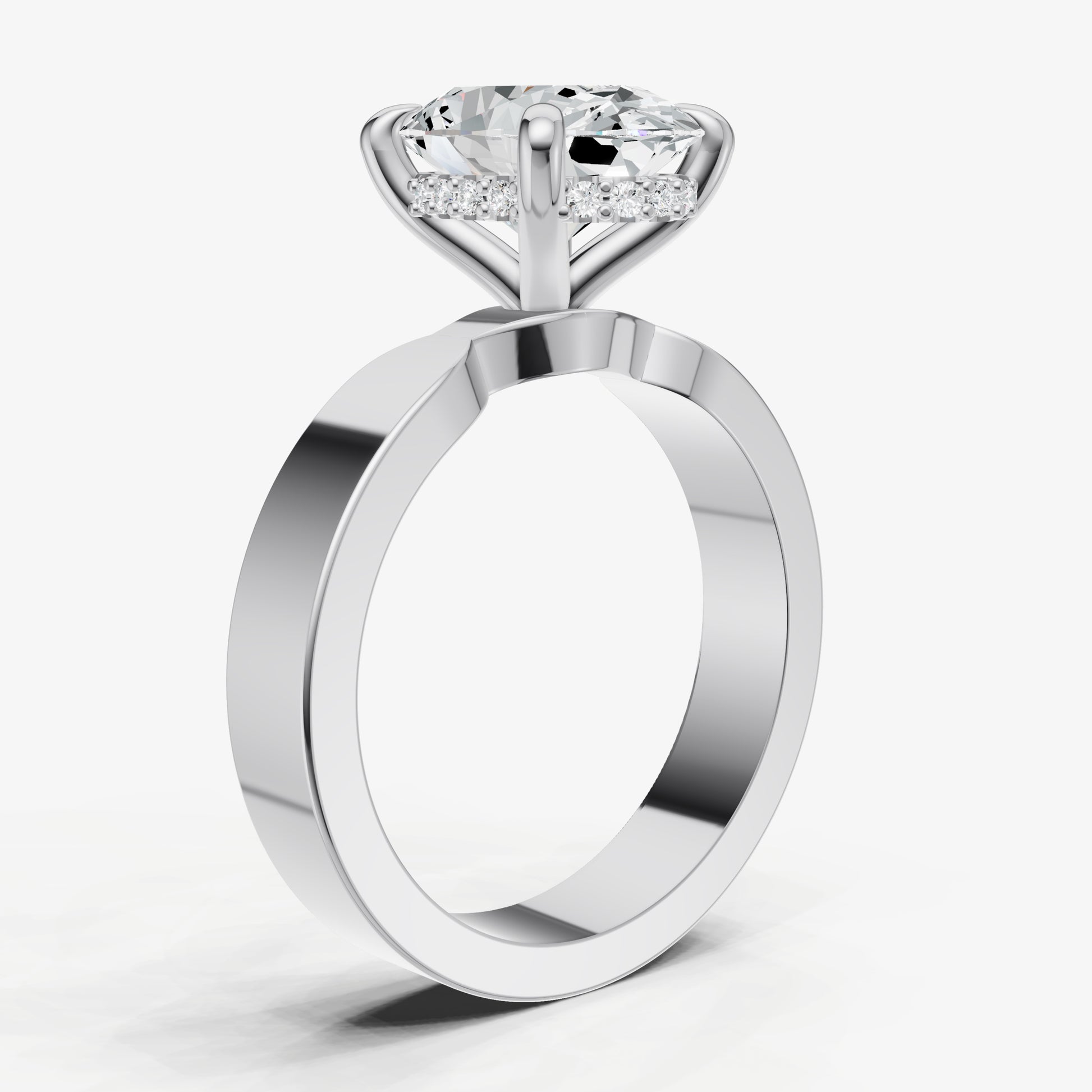 Oval Flat Profile Solitaire Engagement Ring with Hidden Halo