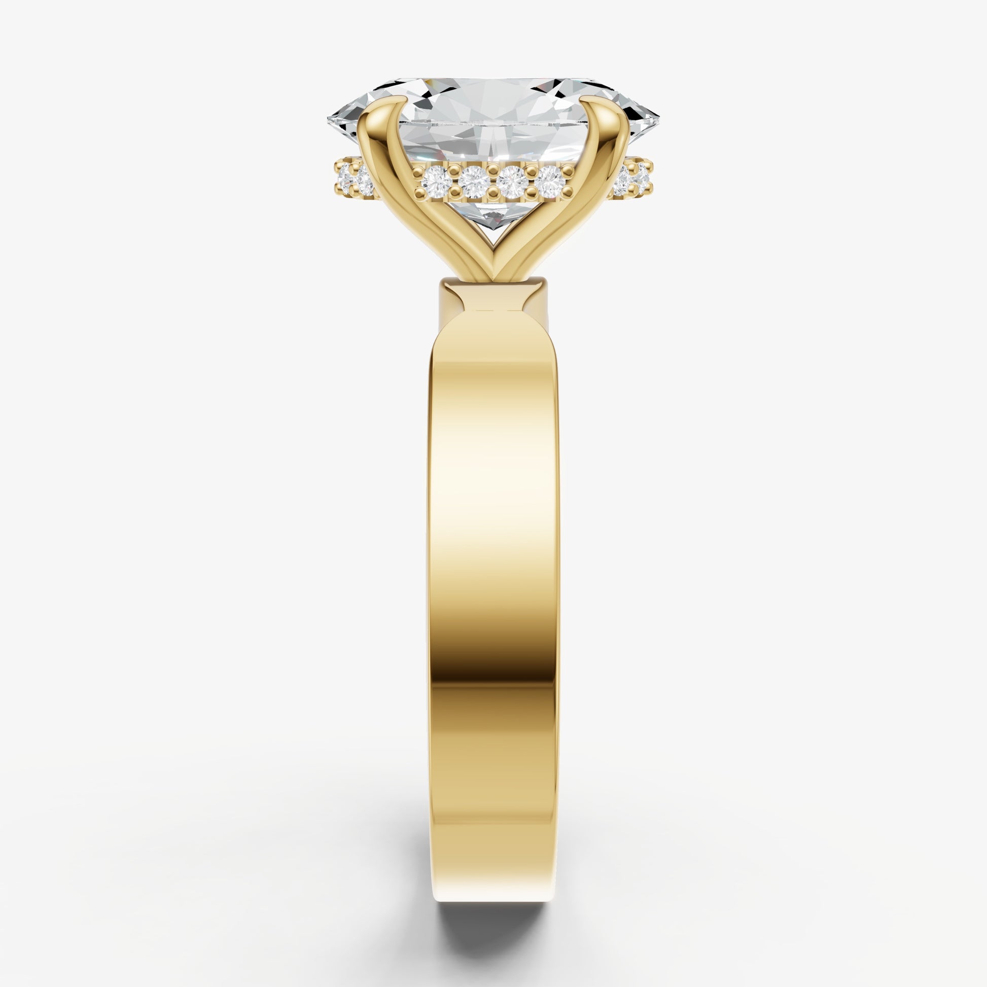 Oval Flat Profile Solitaire Engagement Ring with Hidden Halo