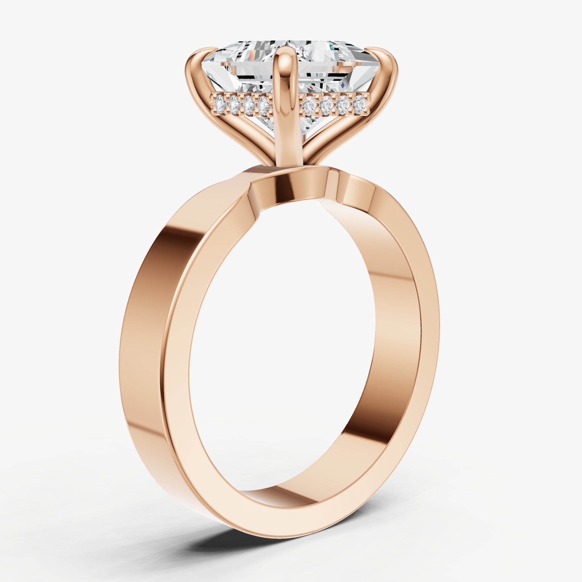 Princess Flat Profile Solitaire Engagement Ring with Hidden Halo