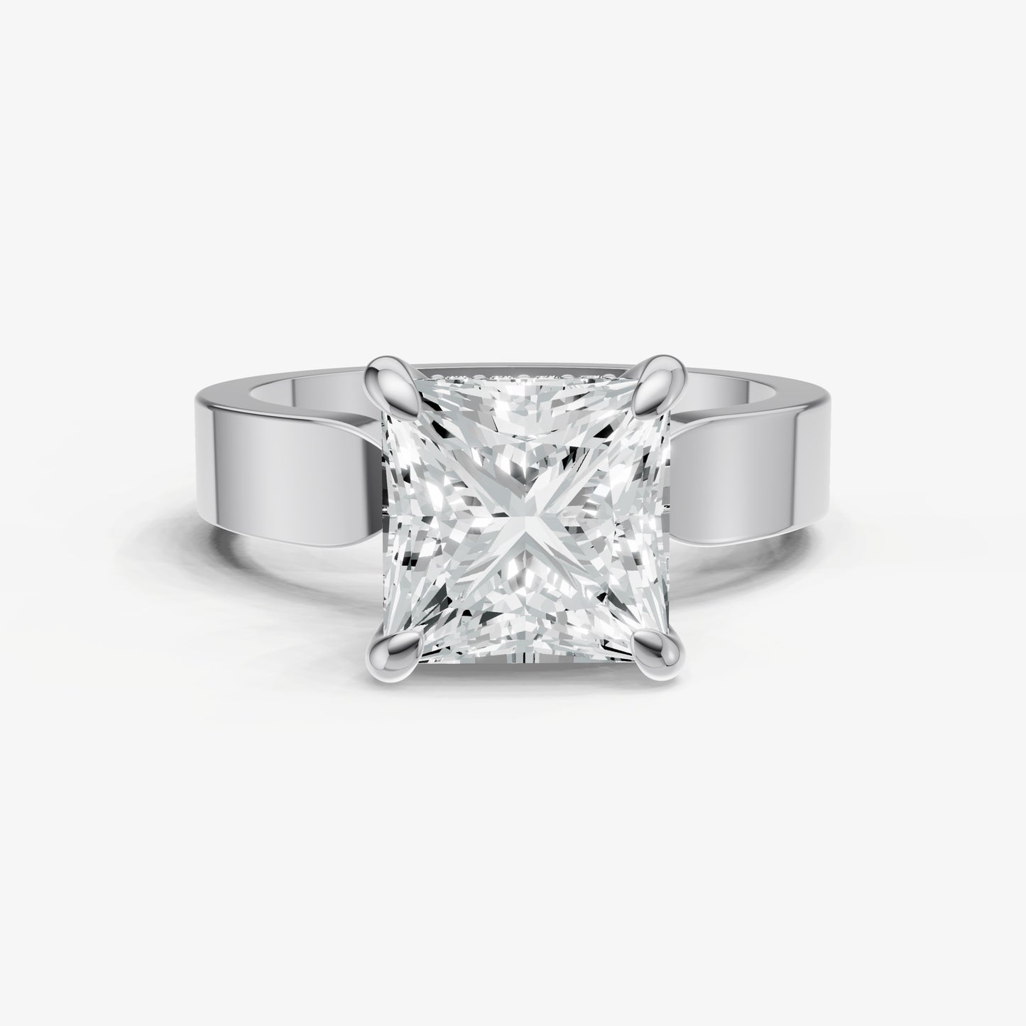 Princess Flat Profile Solitaire Engagement Ring with Hidden Halo