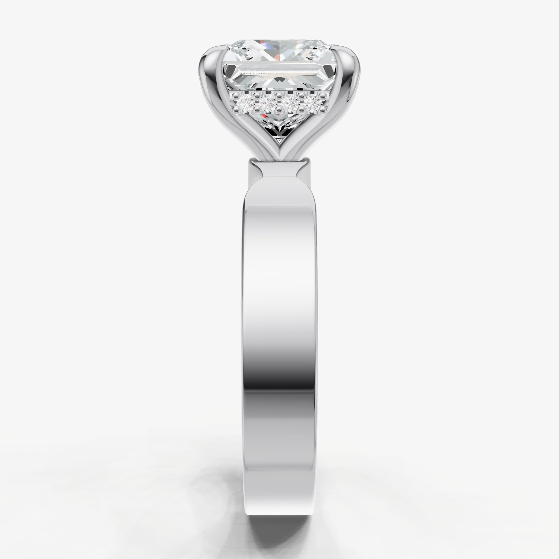 Princess Flat Profile Solitaire Engagement Ring with Hidden Halo