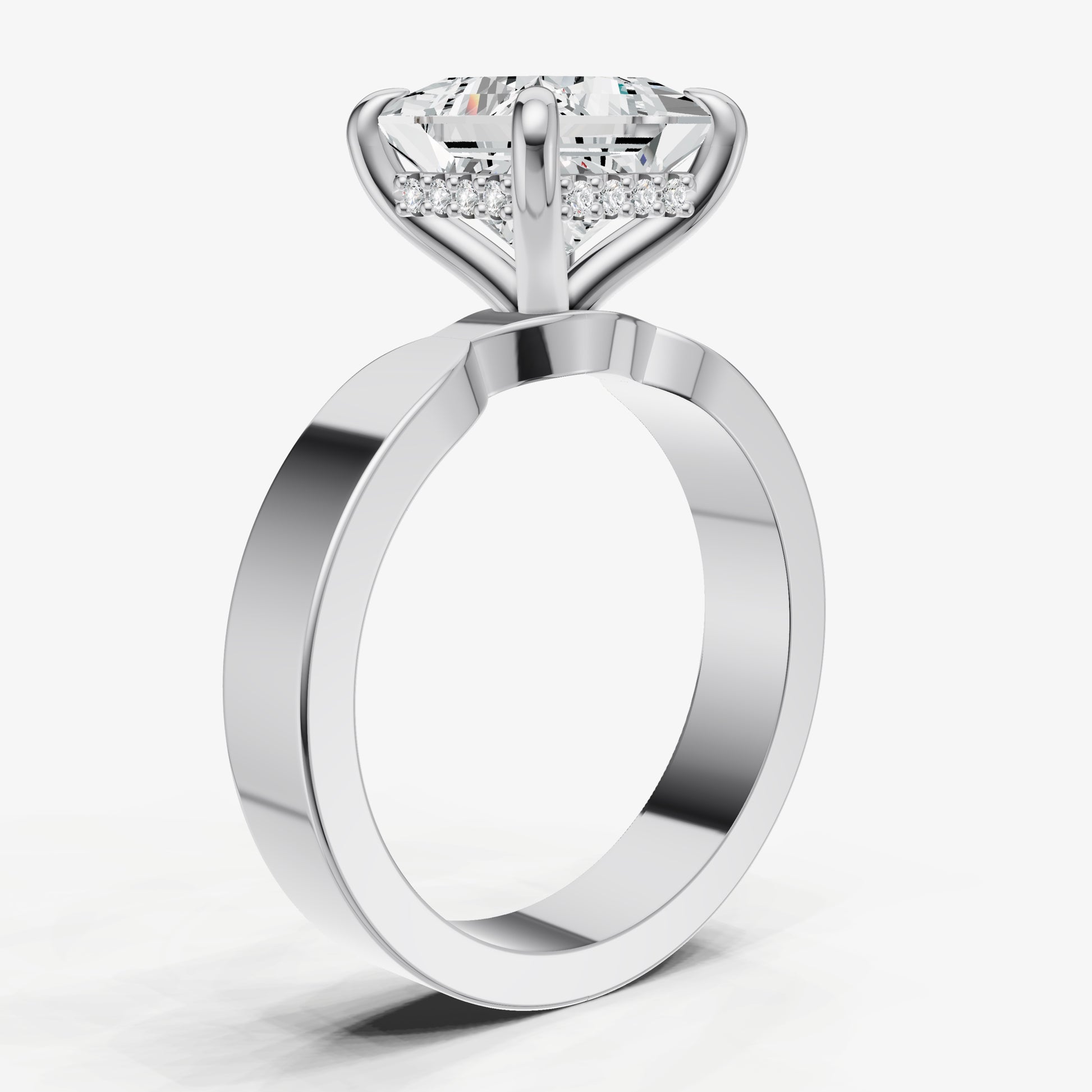 Princess Flat Profile Solitaire Engagement Ring with Hidden Halo