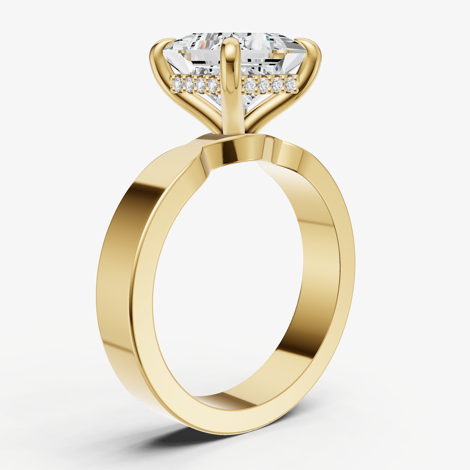 Princess Flat Profile Solitaire Engagement Ring with Hidden Halo