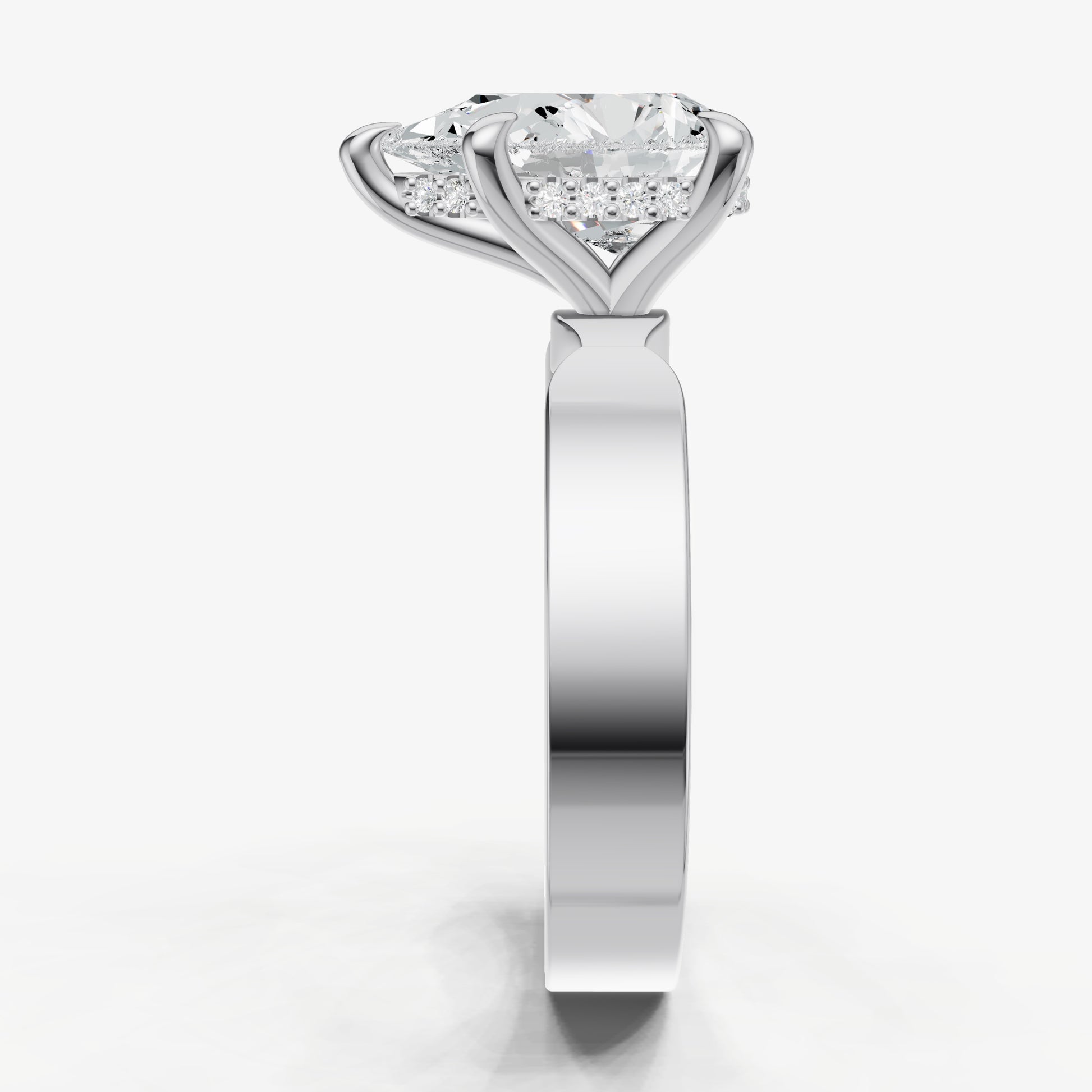 Pear Flat Profile Solitaire Engagement Ring with Hidden Halo