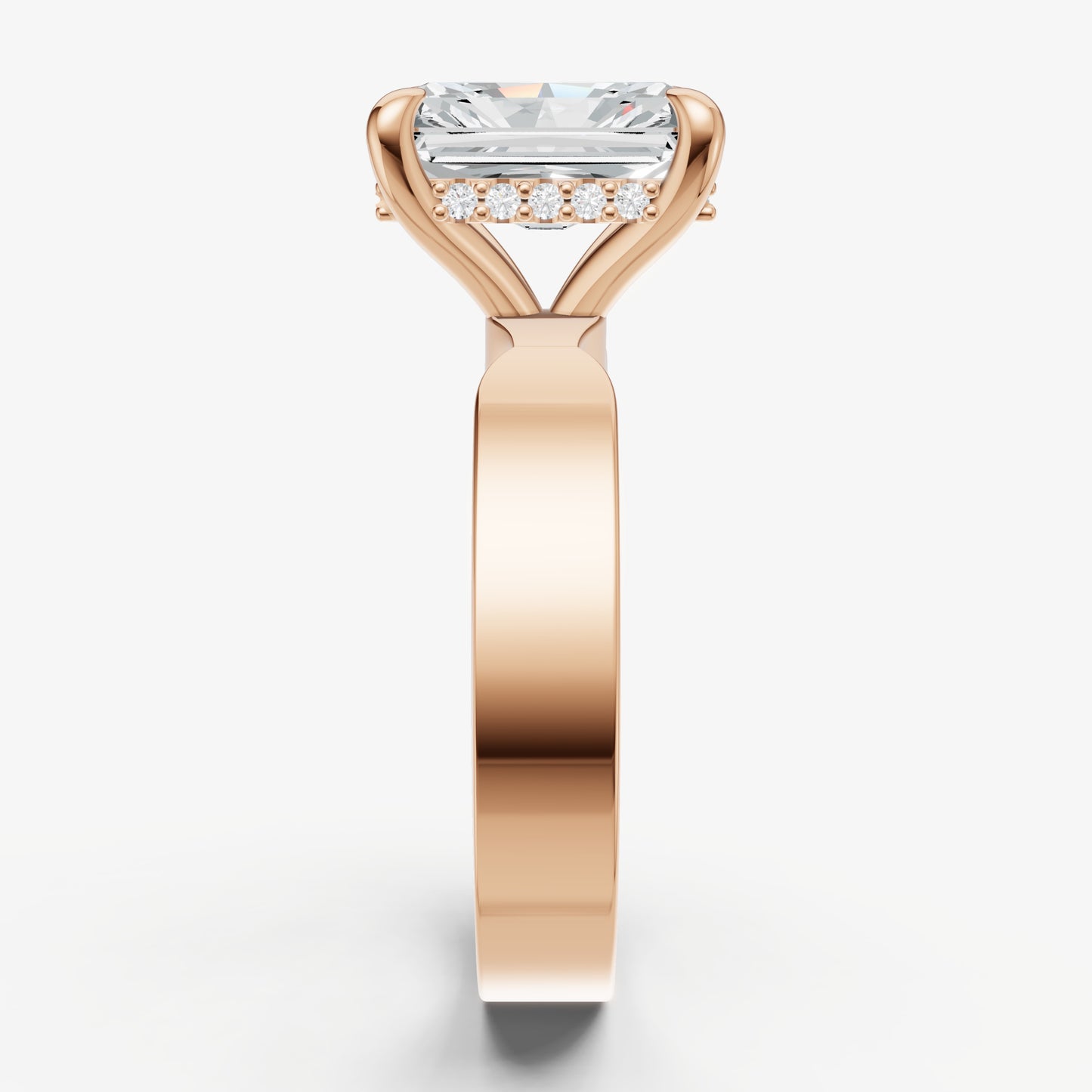 Radiant Flat Profile Solitaire Engagement Ring with Hidden Halo