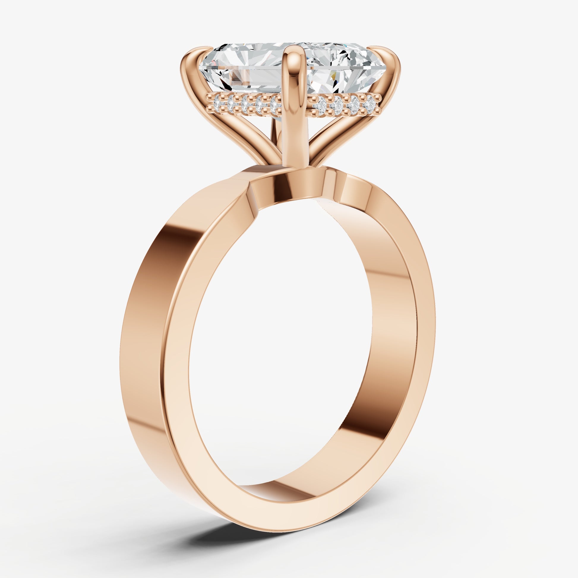 Radiant Flat Profile Solitaire Engagement Ring with Hidden Halo