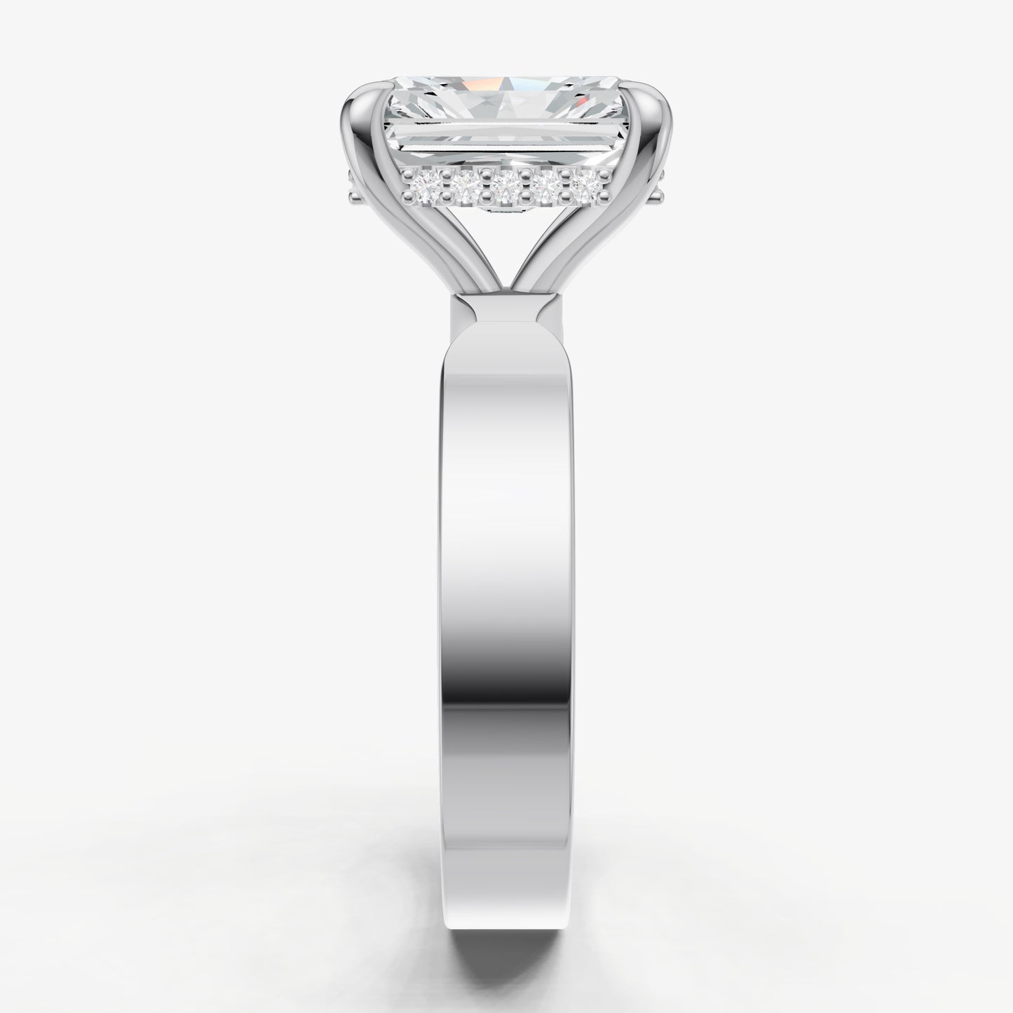 Radiant Flat Profile Solitaire Engagement Ring with Hidden Halo