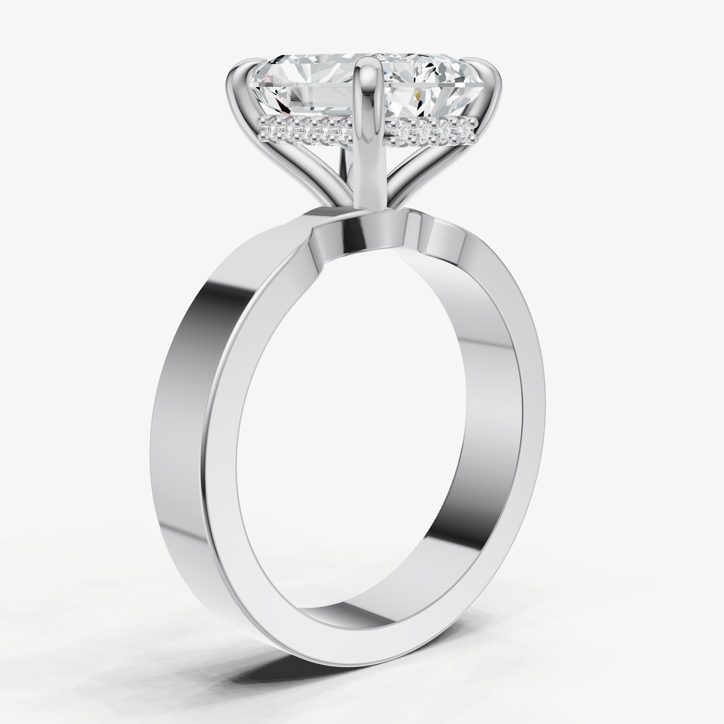 Radiant Flat Profile Solitaire Engagement Ring with Hidden Halo