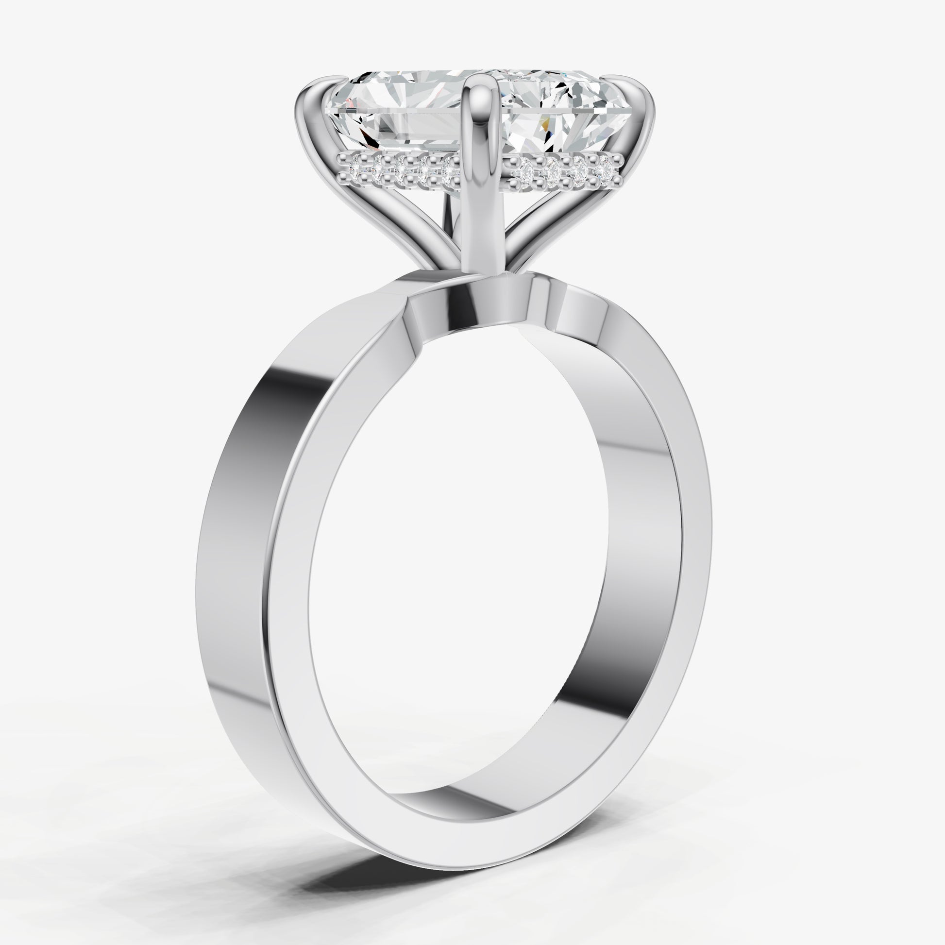 Radiant Flat Profile Solitaire Engagement Ring with Hidden Halo